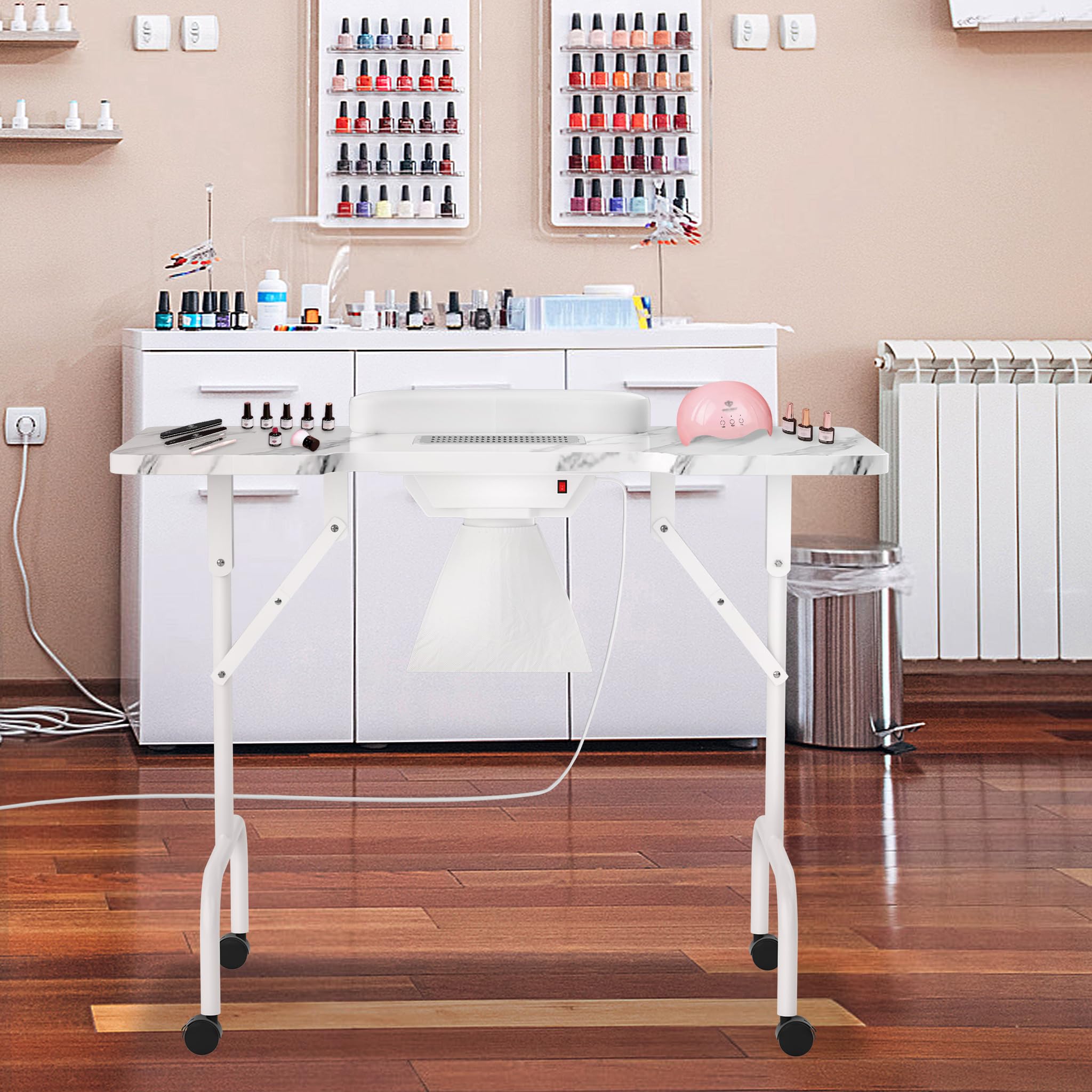 LARS360 Składany stolik do manicure z odsysaniem, stół do manicure z kółkami, poduszką na rękę, szufladą i torbą