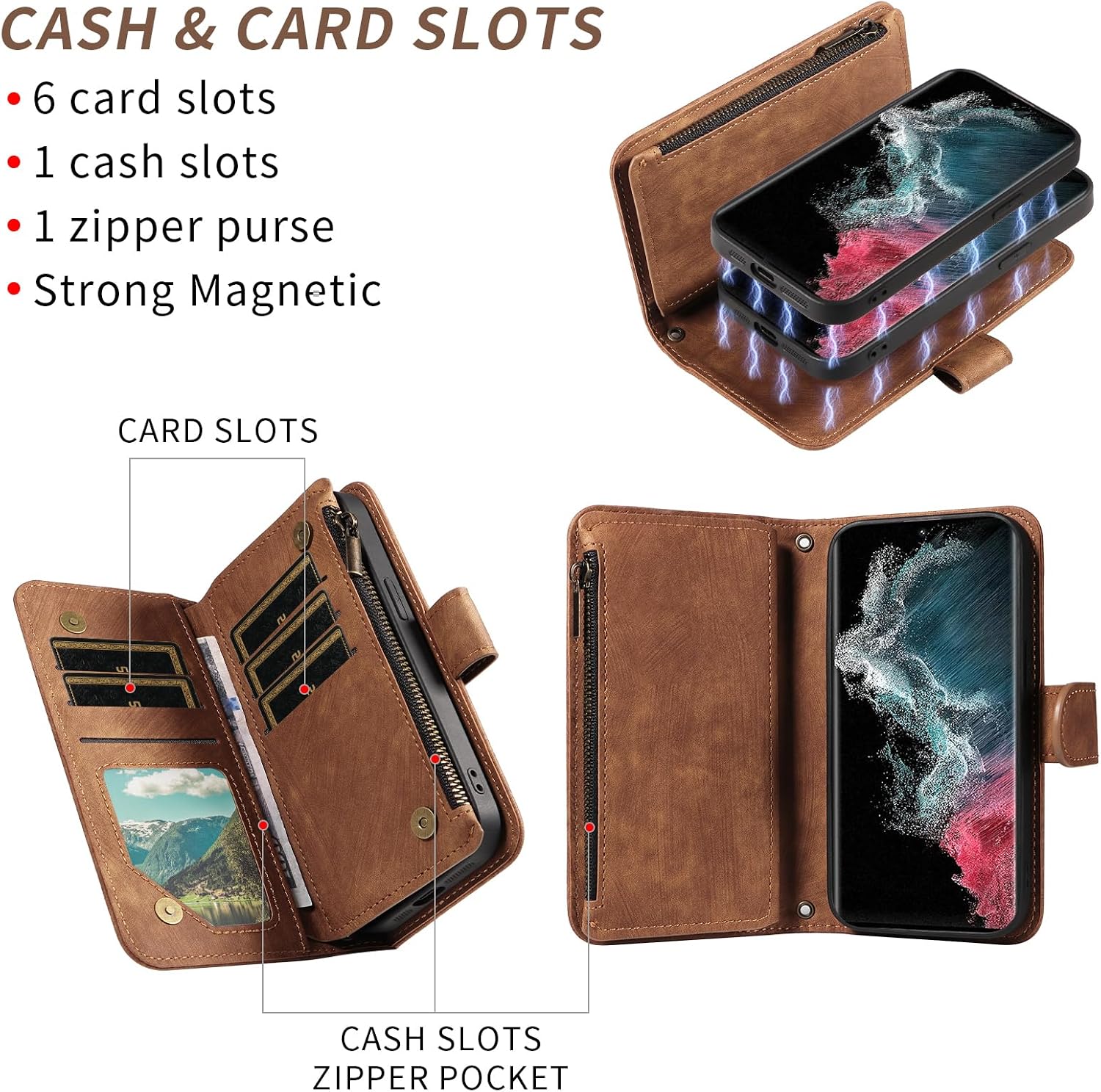 Asuwish Phone Case for Samsung Galaxy S22 Ultra 5G Zipper Wallet Detachable Magnetic Cover with Tempered Glass Screen Protector Crossbody Lanyard Card Holder S22ultra 22S S 22 S22ultra5g 6.8 Men Brown