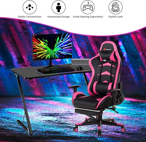 Miniatura 4 de Tangkula Escritorio para computadora de juegos, mesa de computadora en forma de Z con luces LED y gran superficie de fibra de carbono, estación de