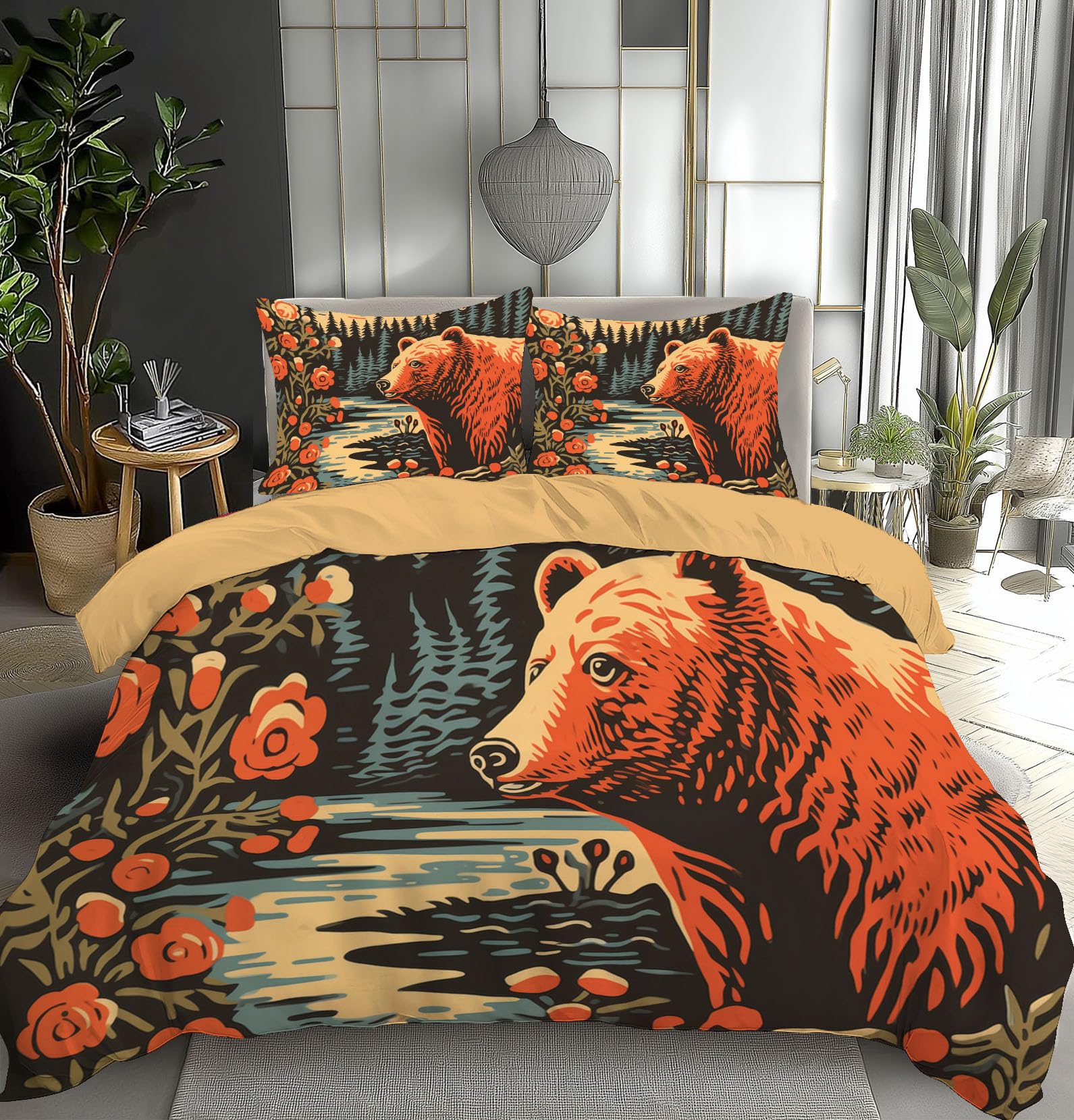 Housse de couette 140x200 imprimé pin ours avec fermeture éclair de qualité supérieure