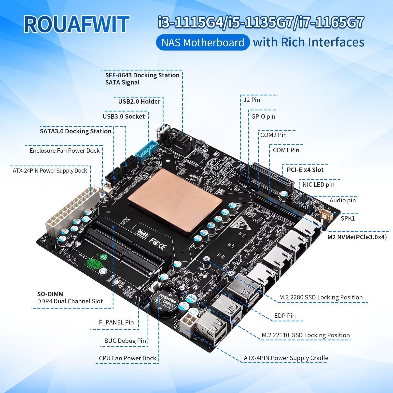 NAS Motherboard Core i5 1135G7, 6 x SATA3.0, 2 x M.2 NVMe, 2 x DDR4, PCI-Ex4 Slot, 17x17 Mini-TX NAS Board, 4 x I226v 2.5 Gigabit Ethernet, Micro Appliance NAS Board, Barebone