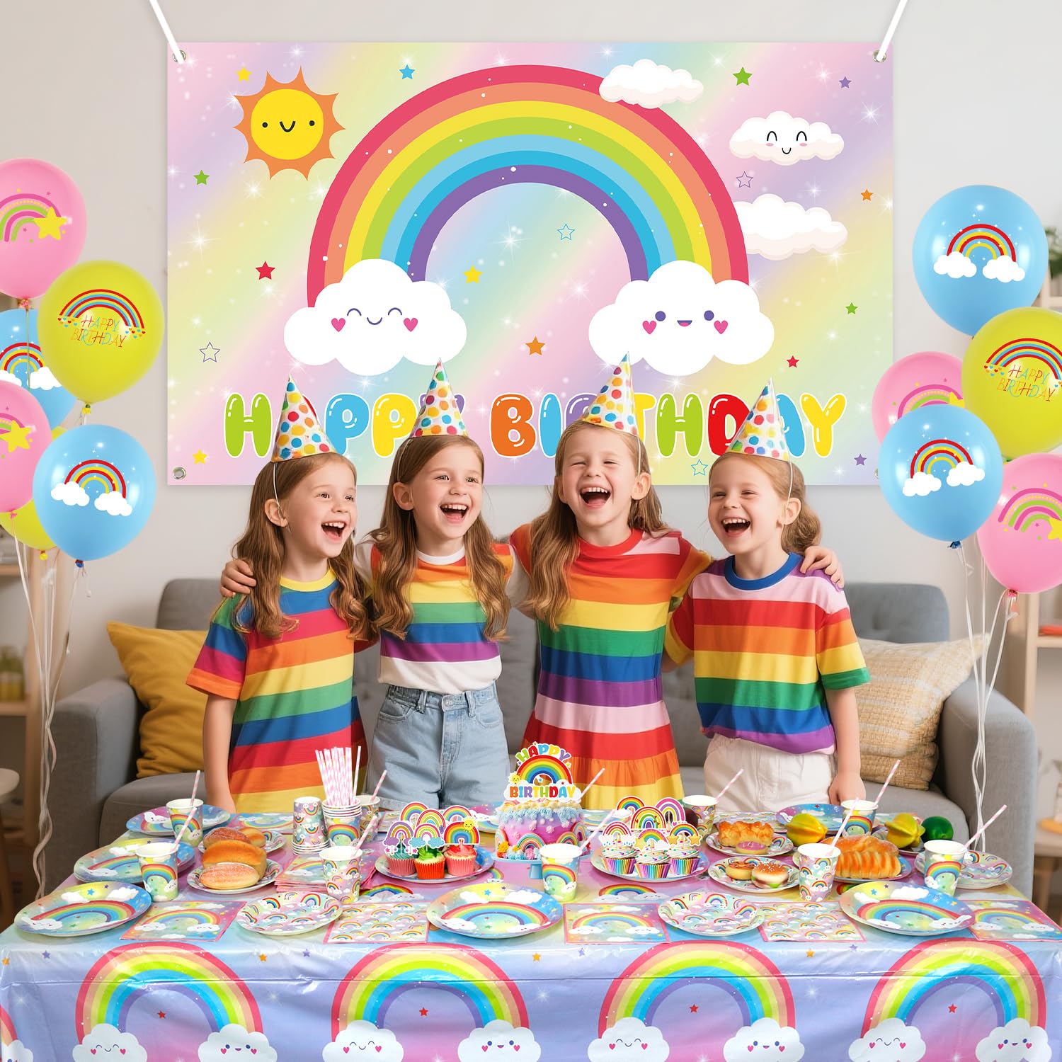 Decorazioni per Festa di Compleanno a Tema Arcobaleno - Forniture per Festa Arcobaleno compresi sfondo, piatti, Cake Topper, tazza, tovagliolo, palloncino, tovaglia - per 20 persone (BJ)