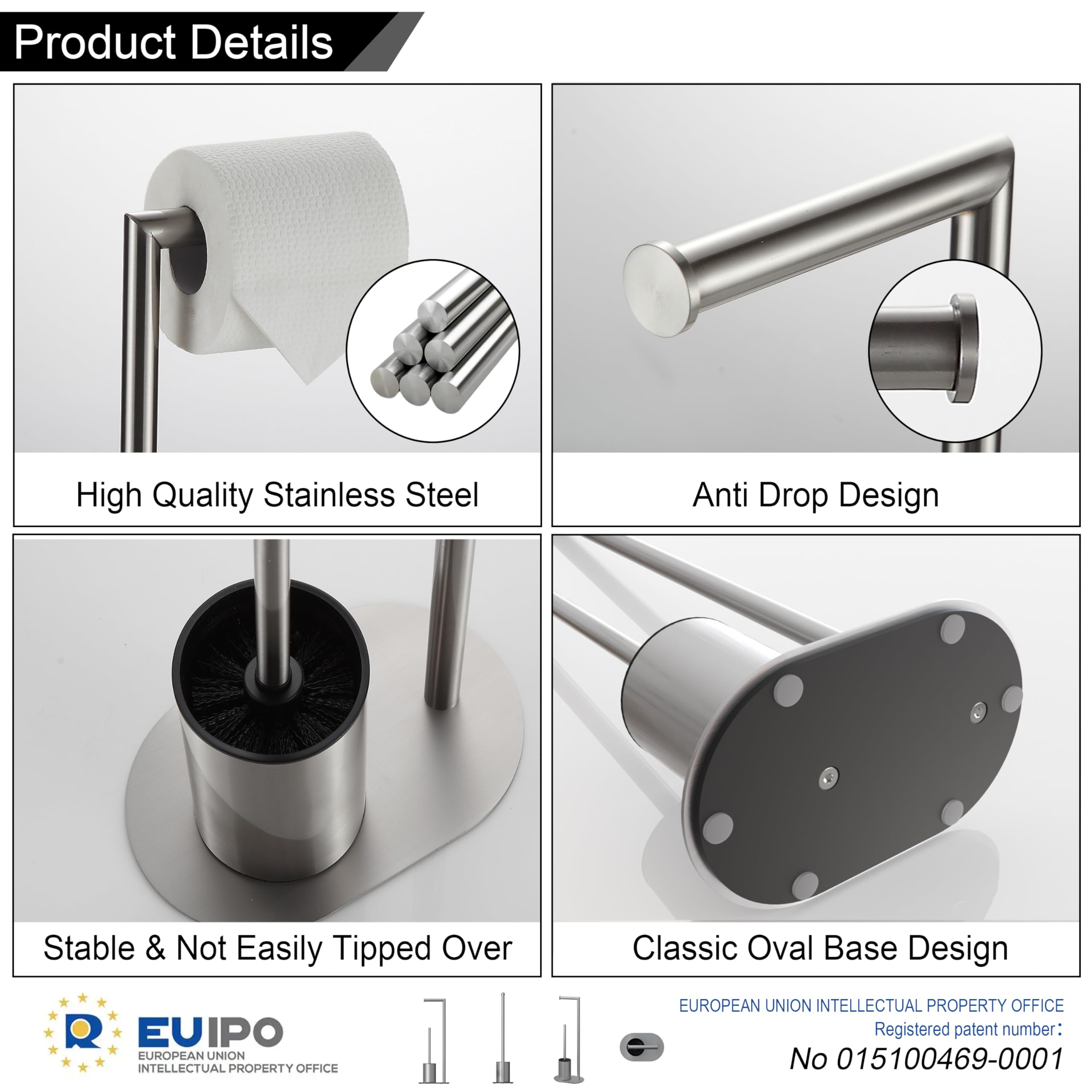 BVL Piantana Portarotolo e Scopino Spazzolato, Scopino WC con Porta Carta Igienica in Acciaio Inox, Porta Carta Igienica da Terra Scopino Bagno WC