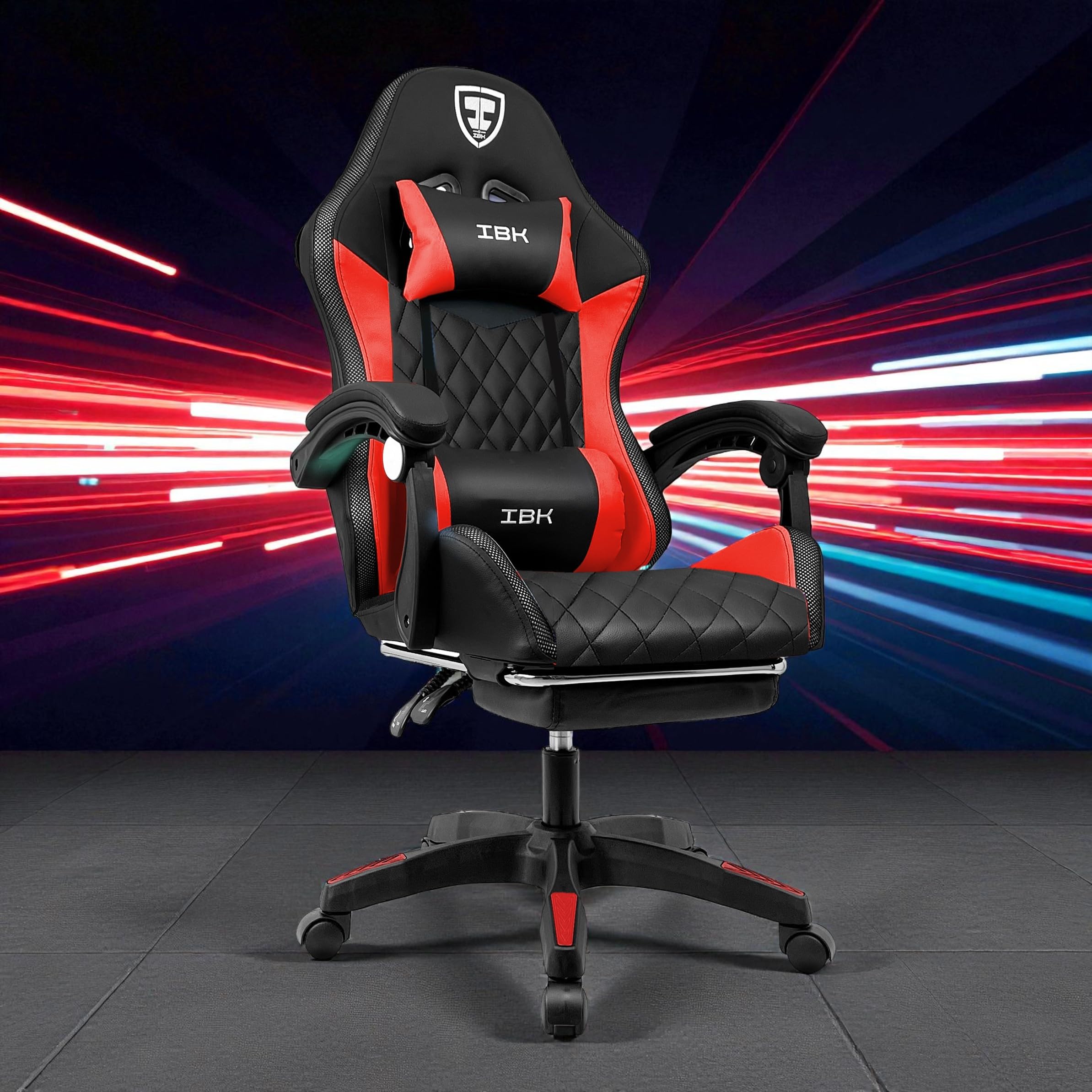 IBK Sedia da Gaming Ergonomica Professionale, similpelle, cuscino supporto lombare, regolabile in altezza, schienale reclinabile, pistone a gas classe 3, Poltrona Ufficio PC (Red)