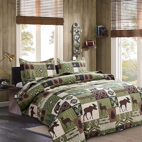 Miniatura 3 de Juego de ropa de cama rústica de tamaño King, colcha de alce y oso de campo, diseño de animales del bosque, reversible, juego de cama rústico,