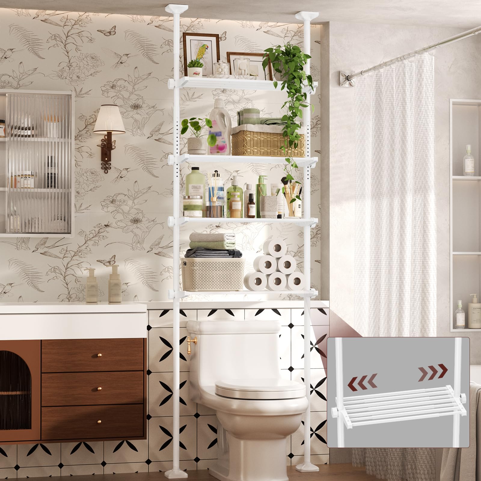 Photo 1 of Goovilla Over The Toilet Storage Shelf, 4 Tier Bathroom Organizer Shelves with 64-124inch(H) 15-27inch(W) Adjustable No Drilling Tension Mounting, White Space Saver Bathroom Shelf Rack Above Toilet