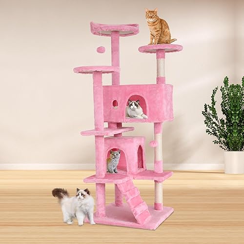 Vista 70 de BestPet Torre de árbol para gatos de 54 pulgadas Beige Resistente y fácil de montar, centro de actividades de varios niveles con postes