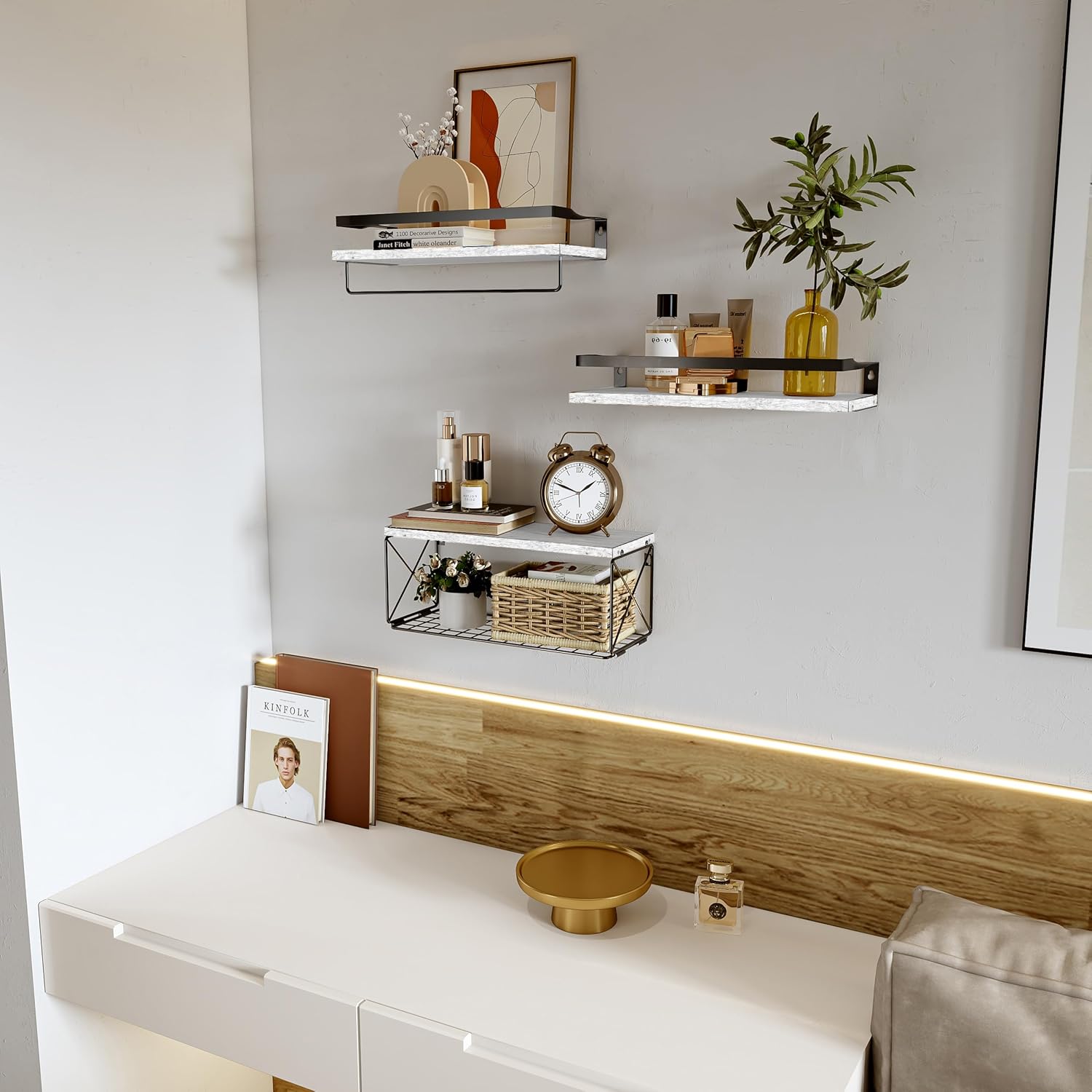 Bathroom Shelves with Storage Basket, Floating Bathroom Shelves Over Toilet with Protective Metal Guardrail, Wood Wall Shelves for Bathroom, Living Room, Kitchen and Washroom Toilet Paper