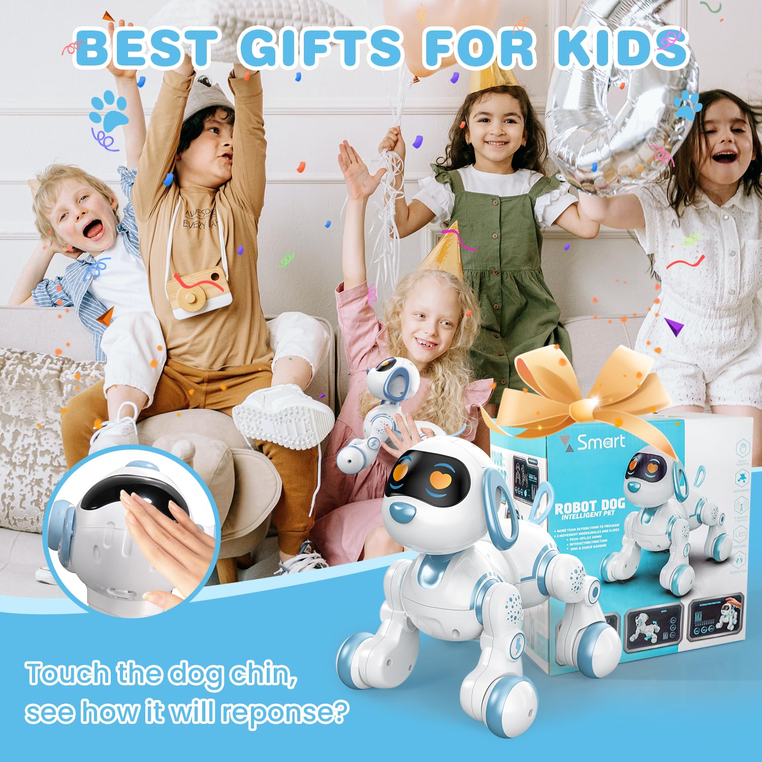 Perro robot, perro a control remoto para niños con detección táctil de cabeza y función de música, robot interactivo programable, divertido juguete de regalo para niños de 3 a 7 años, azul 7