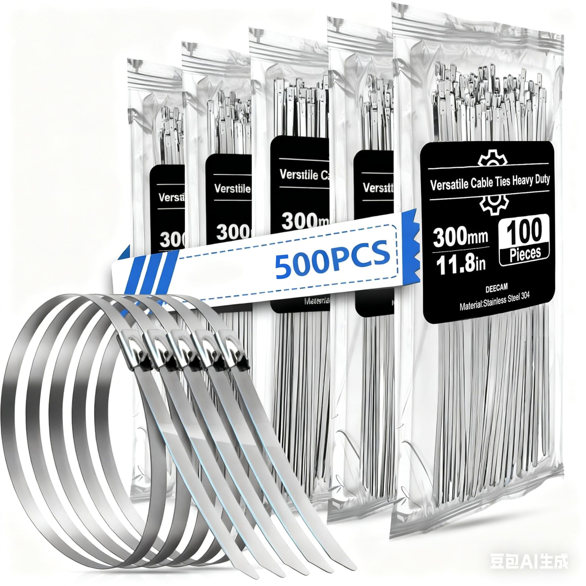 Deecam Cable Ties Stainless Steel 300 mm, Cable Ties Metal Rustproof Pack of 500, for Heat Protection Tape Exhaust, Cable Bundling, Garden Care, Fixed Fence and Awning, Cable Ties Strong โ image 1