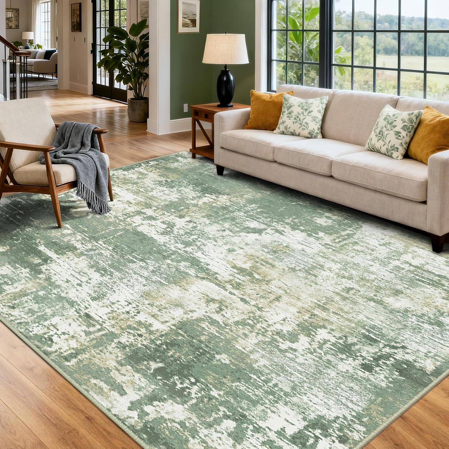Washable Area Rugs 7'x9' Non-Slip Modern Abstract Soft for Living Room Entryway Bedroom Nursery, Print Pattern, Light Green/Yellow Green/Gray/Yellow 7' x 9' (Rectangular)