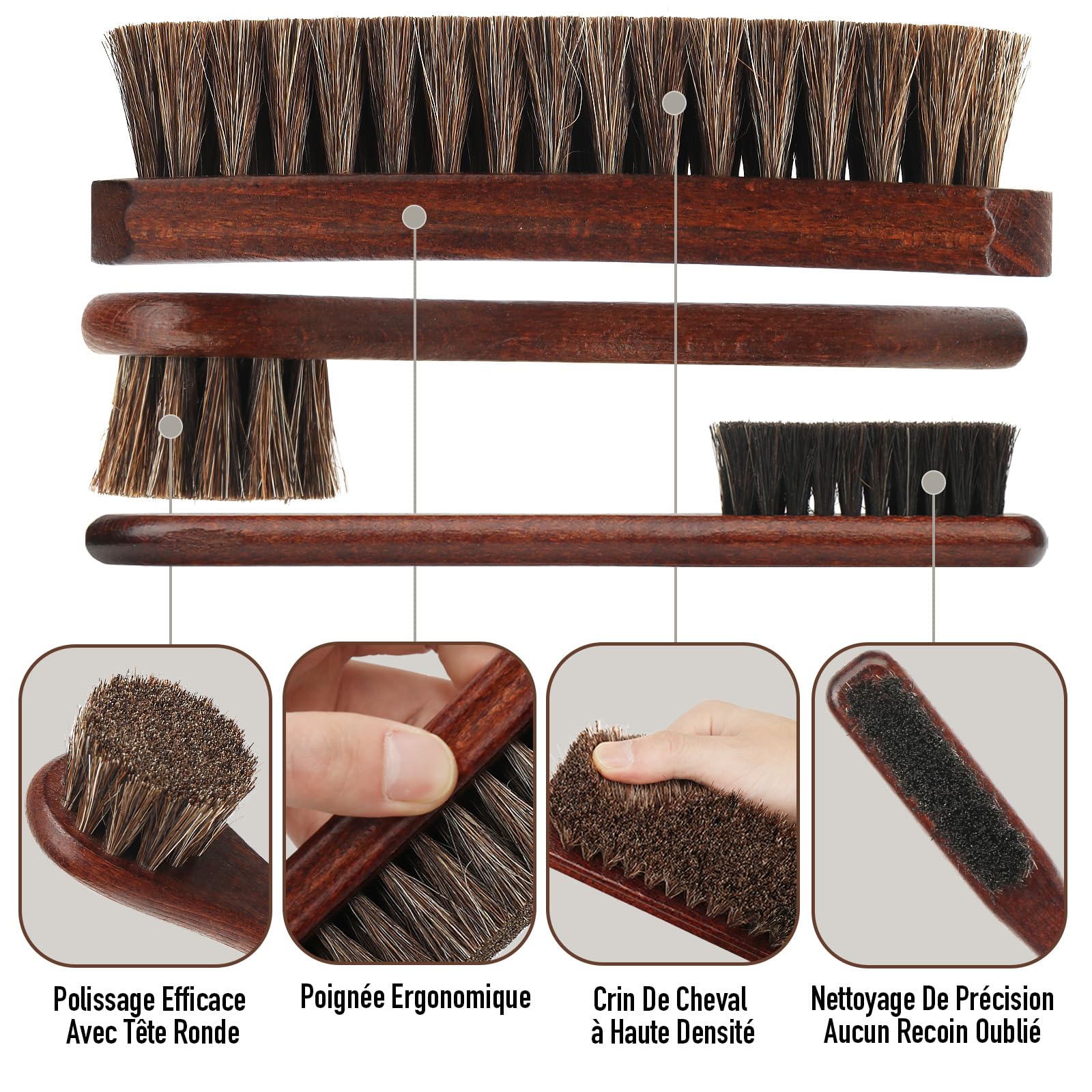 Kit Brosse Chaussure & Cuir 4 Pièces - 100% Crin de Cheval Naturel & Microfibre - Set d'Entretien Premium pour Chaussures, Sacs à Main, Bottes, Canapés et Intérieur Auto - Sans Rayures