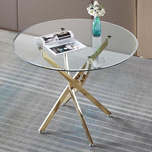 Mesa de comedor redonda de vidrio de 36 pulgadas para 4, mesa circular moderna con patas cromadas, mesa de comedor para cocina, comedor, espacios