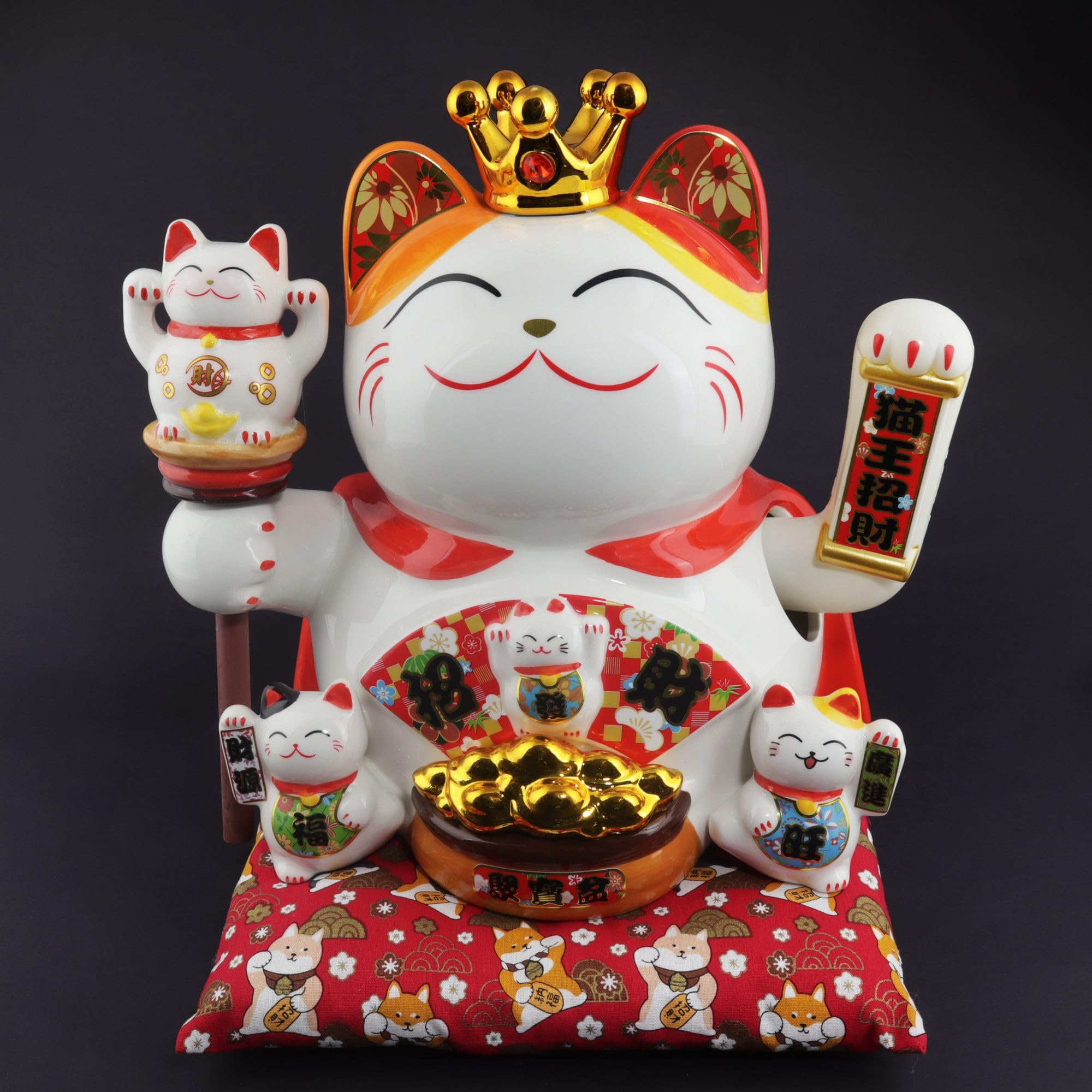 Freak Scene Agitando Gato Chino Maneki-Neko Corona Porcelana 26cm Gato Saludando Blanco Lucky Cat