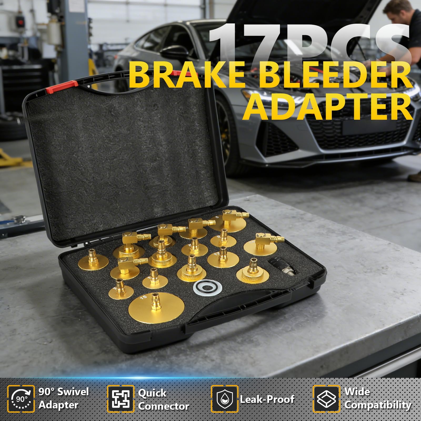 MRCARTOOL Juego de 17 Adaptadores para Purga de Frenos de Coche con 16 Purgadores de Frenos y 1 Acoplamiento Rápido, Juego de Herramientas de Purga de Cilindro de Freno Principal