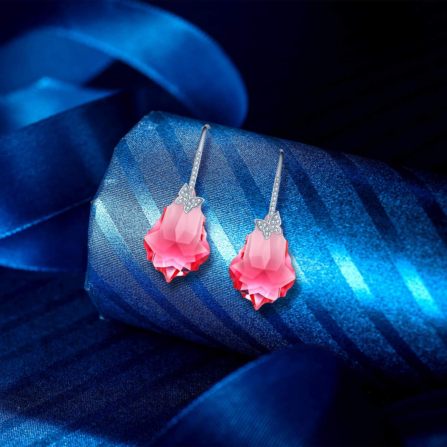 EleQueen 925 Sterling Silver CZ Butterfly Baroque Hook Dangle Earrings Pink Made with Austrian Crystals for Women Girls, Valentine's Day/Mother's Day/Christmas Jewelry Gift for Girlfriennd/Mom