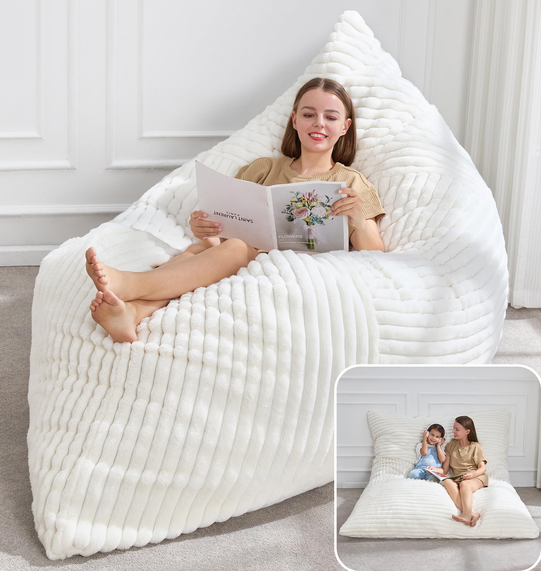 Hobestluk 3 in 1 Bean Bag Chair Giant Bean Bag Chairs Convertible Bean Bag Floor Cushion with Machine Washable Cover, Beanbag Chairs for Adult (White) โ image 1