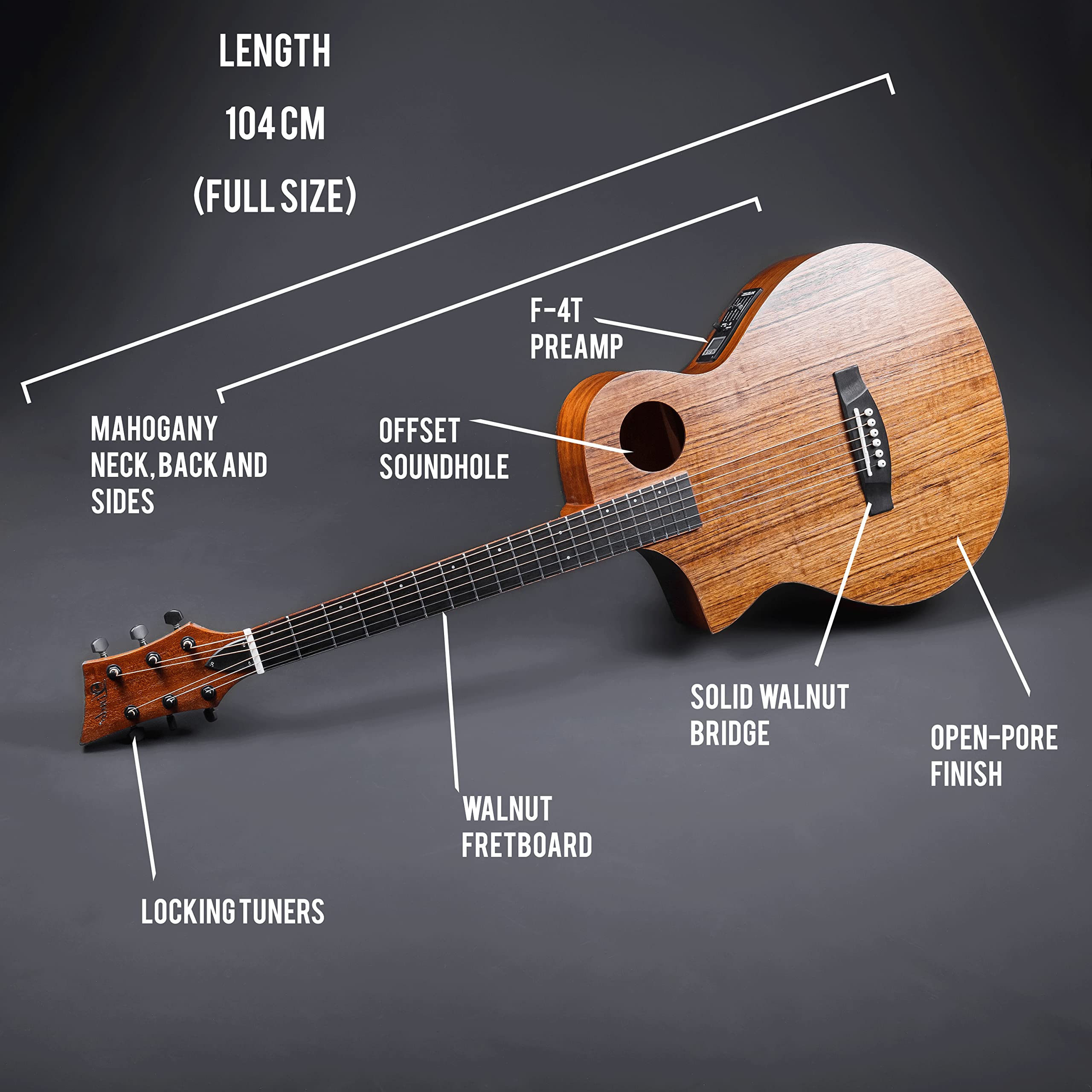 Lindo Chitarra elettroacustica Neptune SE V2 per mancini in noce nero con preamplificatore e custodia imbottita
