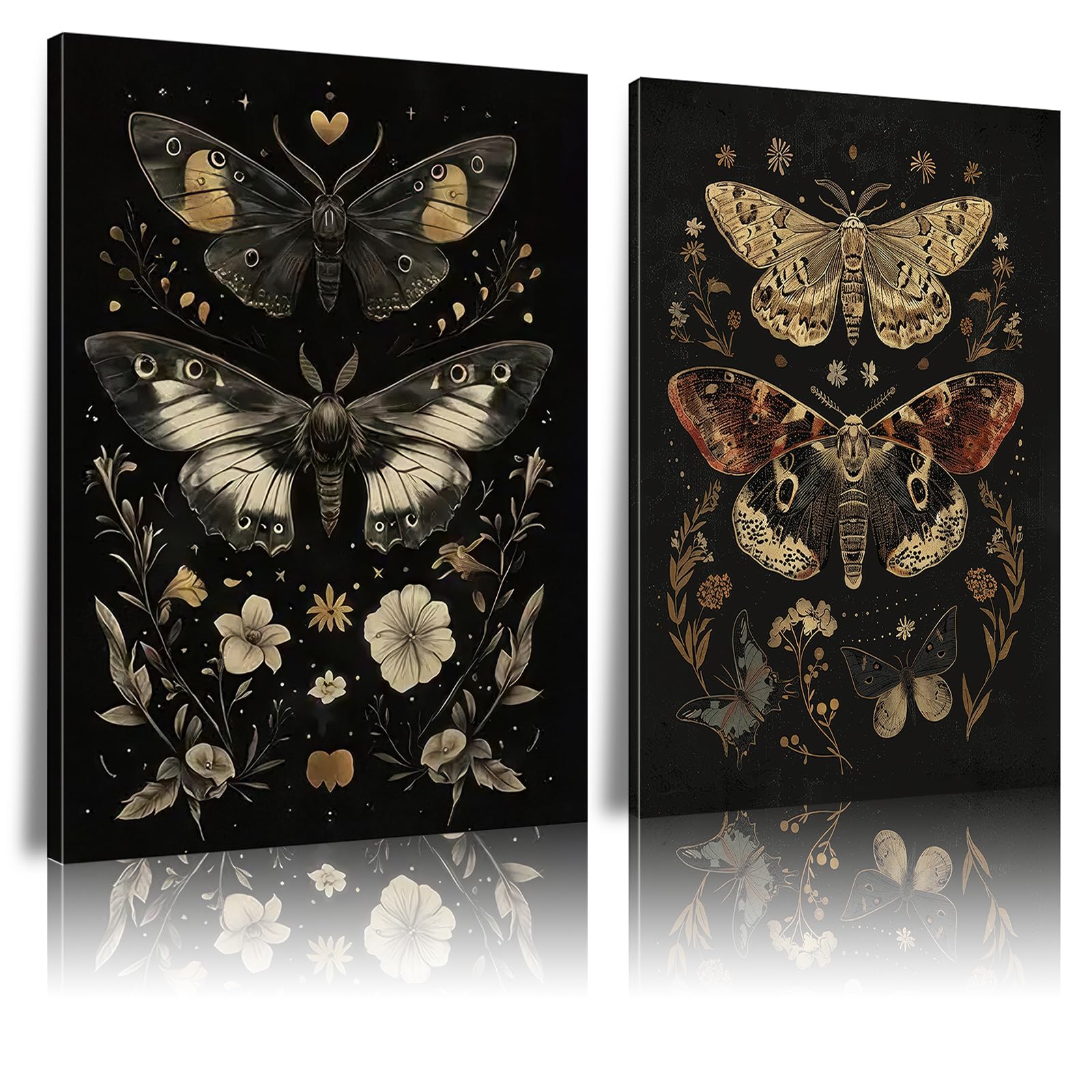 Framed Gothic Wall Art Moths and Butterflies 2-Pack Dark Style Decorative Picture Botanical Insect Pattern Poster Print Gallery Style Painting Decor