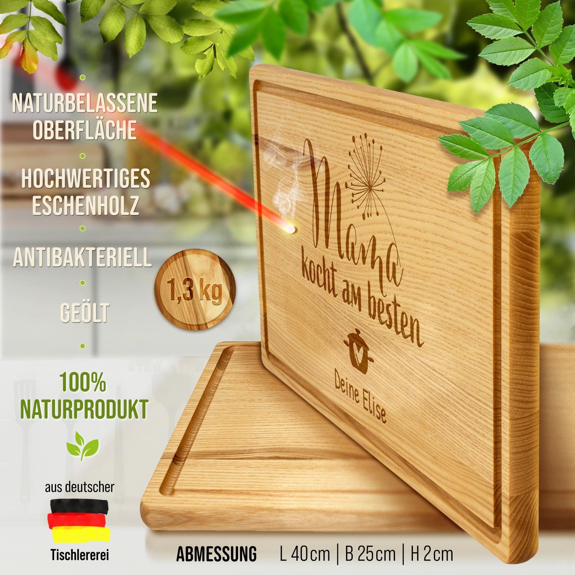 PR Print Royal Großes Holzbrett mit Gravur - Mama kocht am besten - mit Name - Personalisiertes Geschenk zum Geburtstag, Muttertag - Schneidebrett Eschenholz, 40 x 25 x 2 cm