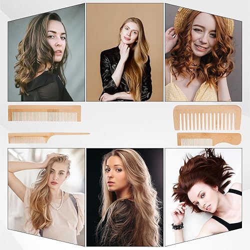 Miniatura 5 de 4 Pcs Wooden Hair Comb Wooden Wide Tooth Comb Handmade Bamboo Anti-Static Combs Set for Curly Thick Wavy Hair Women Men