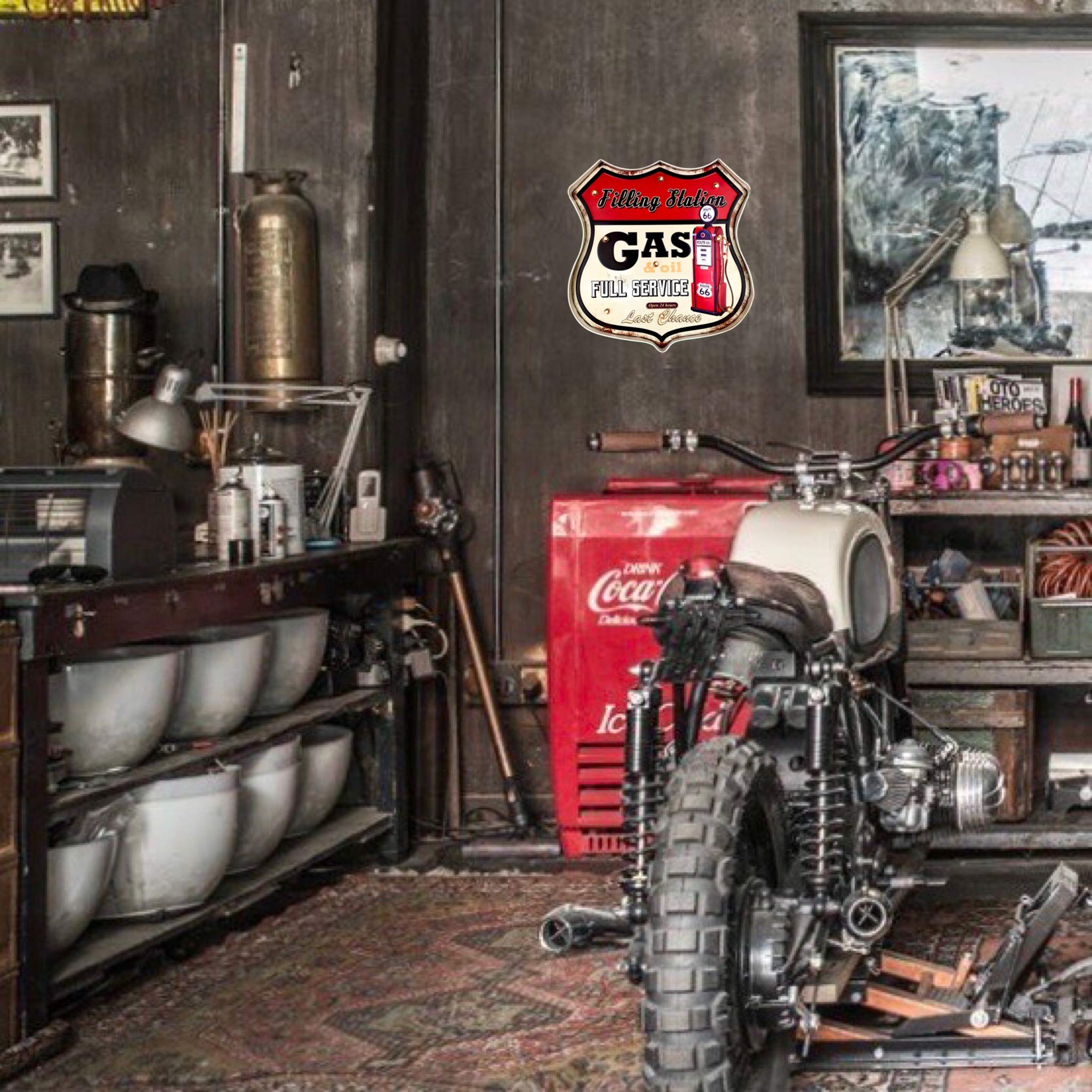 Garagen Deko Leuchtschild Retro-Schild Wandschild im Vintage-Stil LED Schild für Garage Dekoschild Zubehör für Wohnkultur 50er Jahre Haus Dekoration Retro Leuchtkasten Metallhandwerk - Zapfsäule
