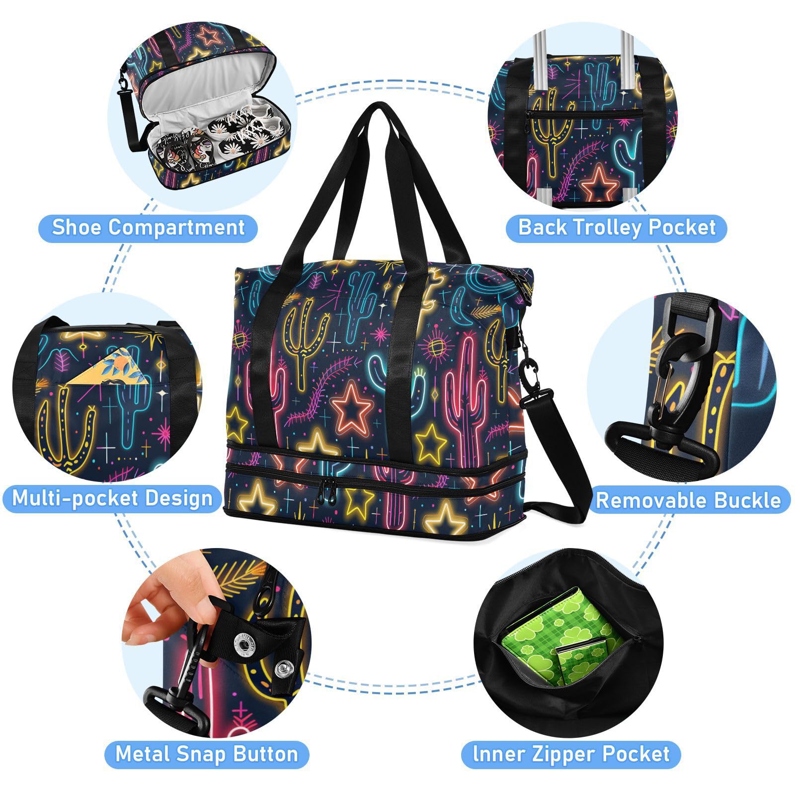 Sac de voyage surdimensionné avec poche humide et sangle réglable pour randonnée, imperméable, motif cactus fluo brillant