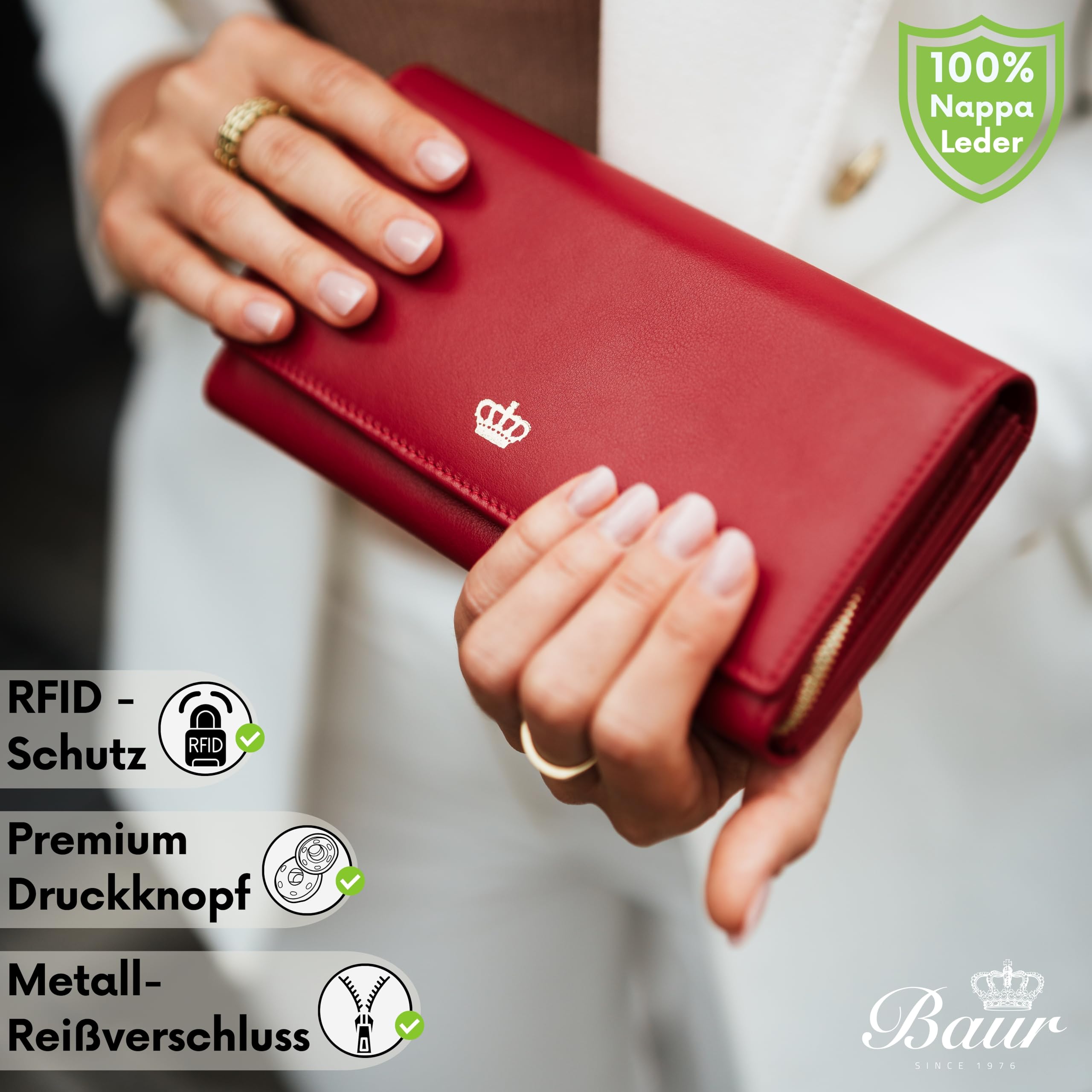 Baur Damen Geldbörse – Echtes Nappaleder mit RFID-Schutz – Großes Portemonnaie mit Druckknopf, 18 Kartenfächern und Münzfach mit Metall-Reißverschluss – Vollleder (Rot, Gold Design)