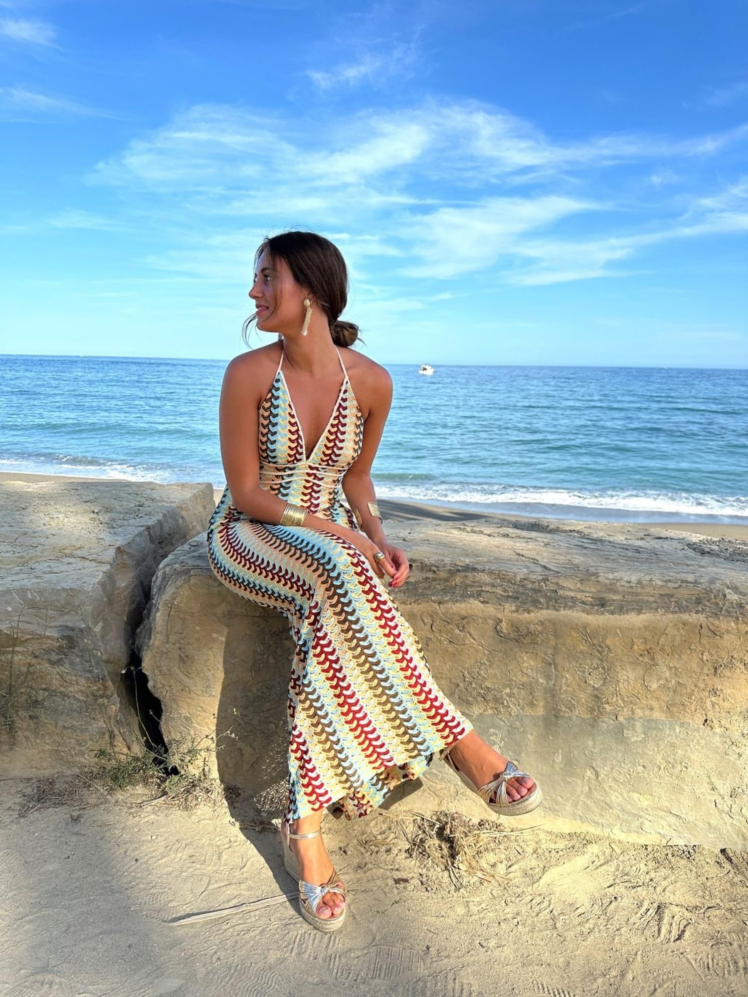 Breezy Lane Damska szydełkowana sukienka maxi seksowna bez pleców w paski bodycon wiązana na szyi dzianinowa letnia plaża wakacje okrycie
