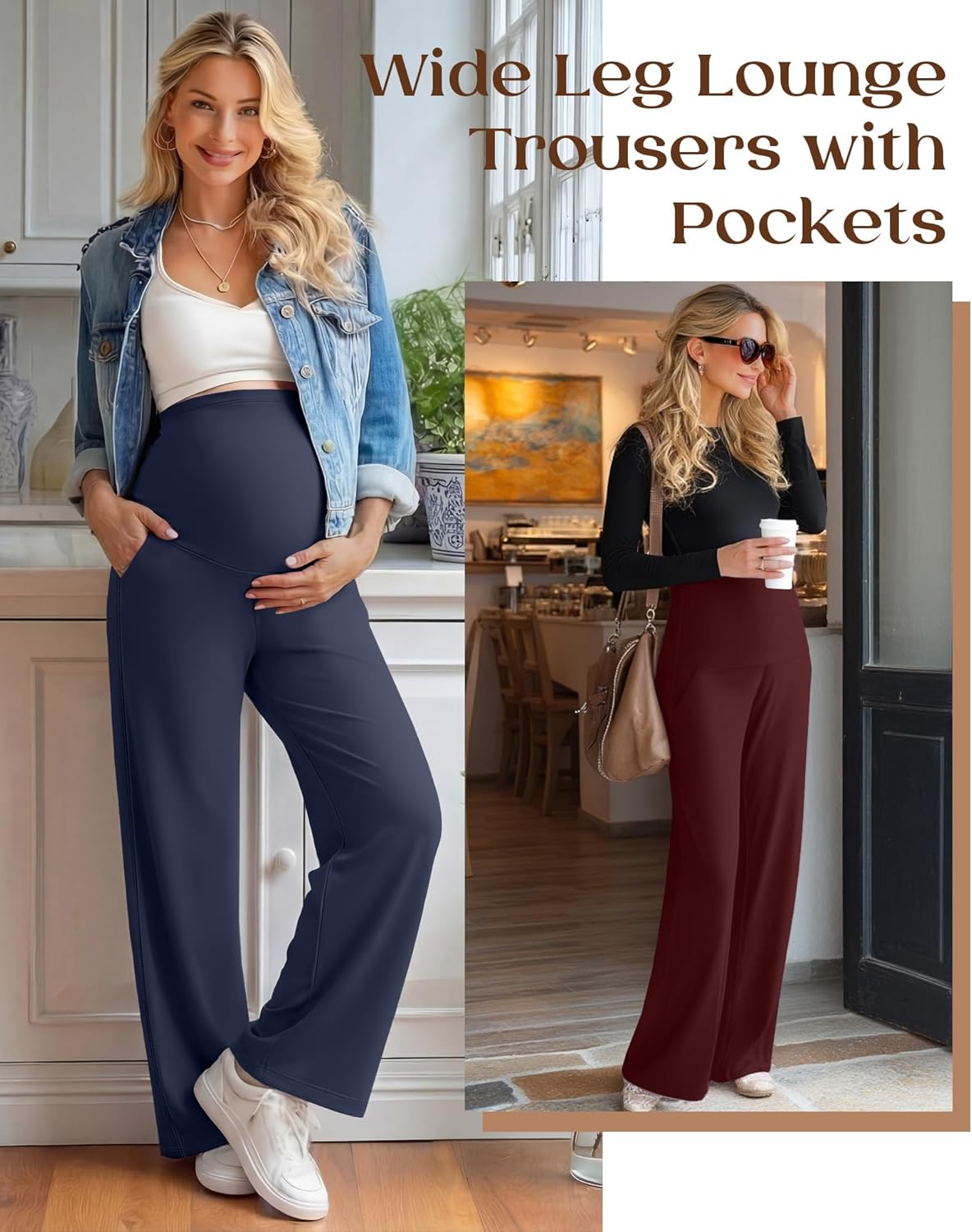 3 Pack Women's Maternity Yoga Pants Over The Belly Pregnancy Pants Wide Leg Lounge Trousers with Pockets - Image 4