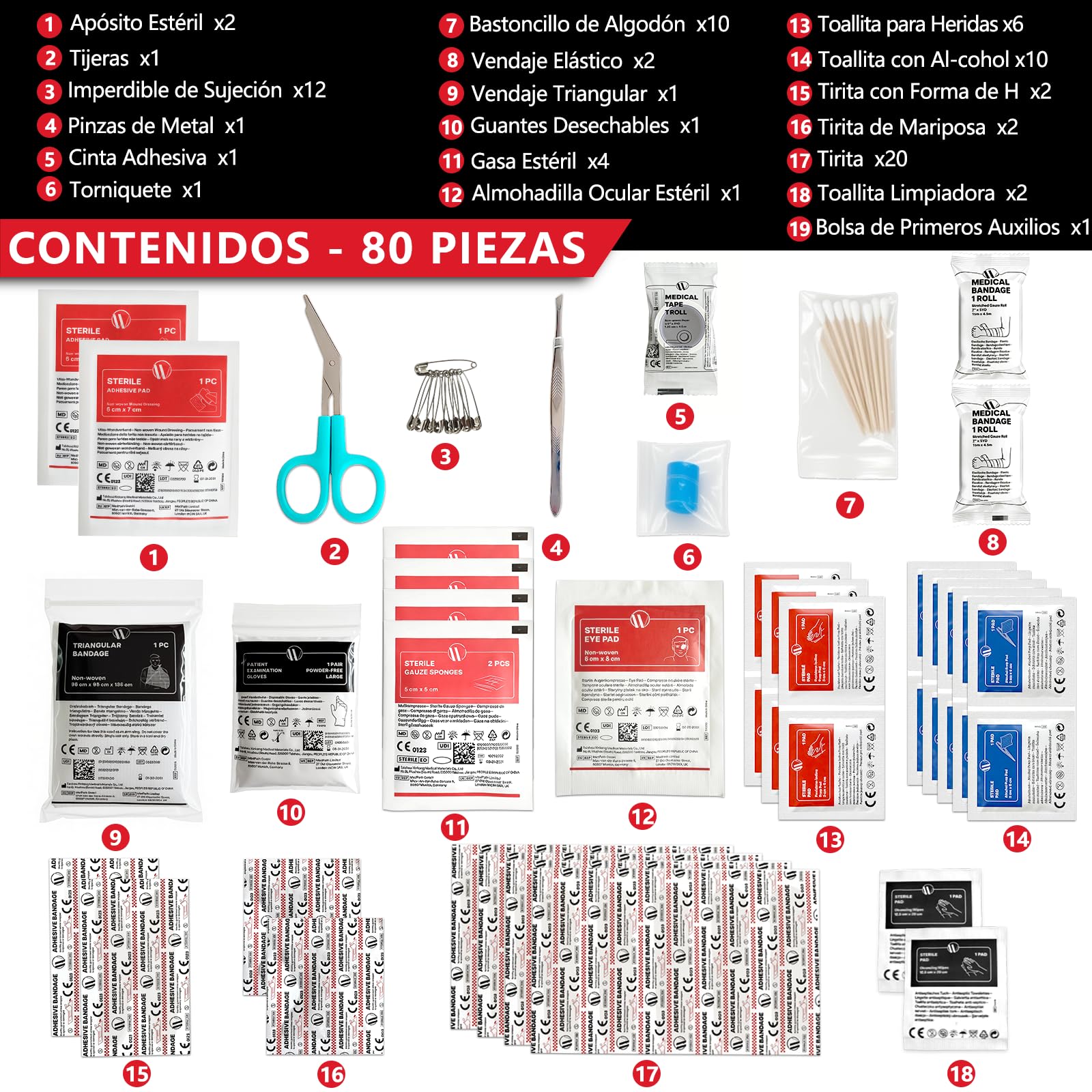 Botiquín de Primeros Auxilios Mini, 80 Piezas Kit Primeros Auxilios, Botiquin Pequeño para Viaje Senderismo Coche Moto Bicicleta Casa Trabajo