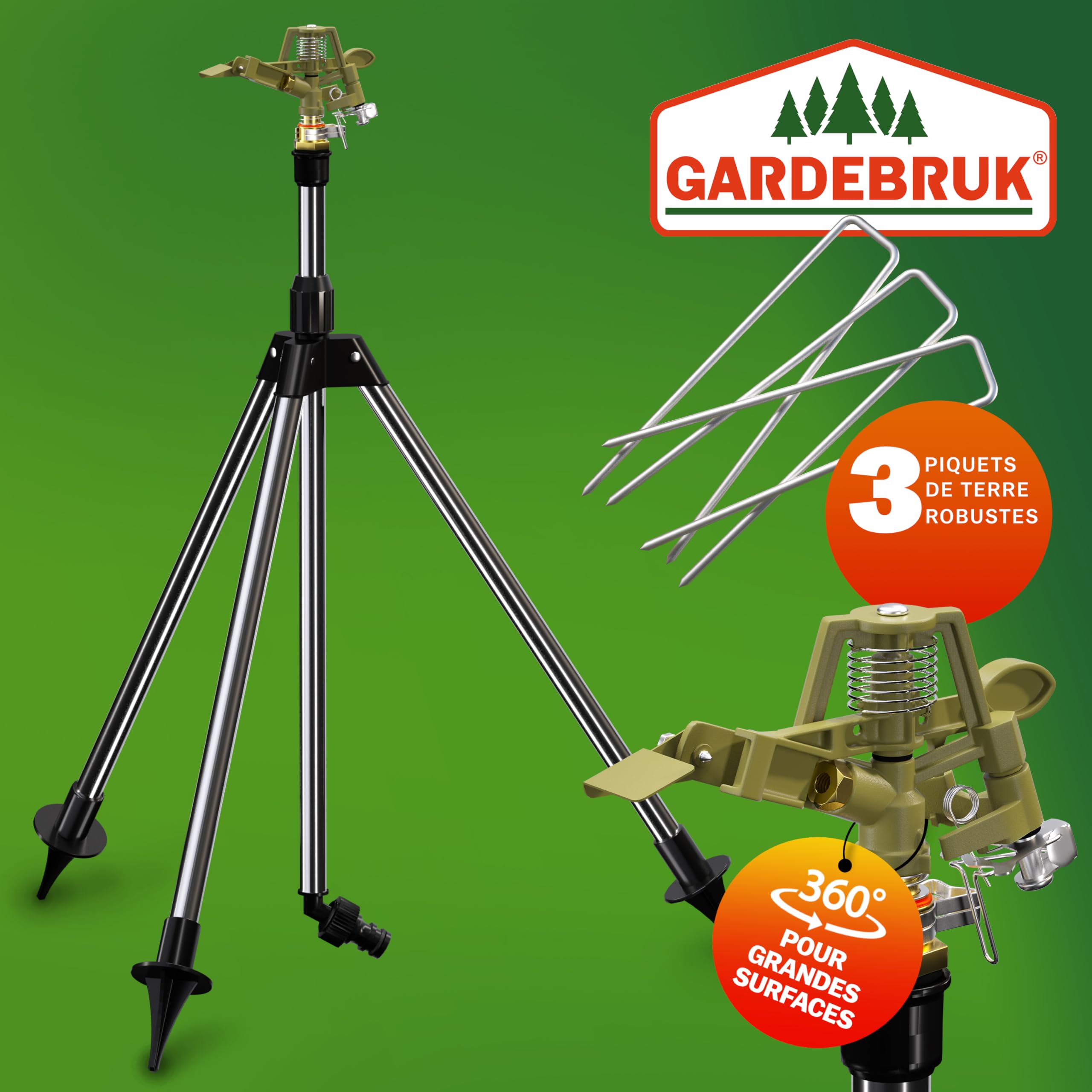GARDEBRUK® Arroseur Automatique impulsions télescopique Irrigation Max. 24m 360° Embout pulvérisation Sprinkler trépied système Irrigation Jardin