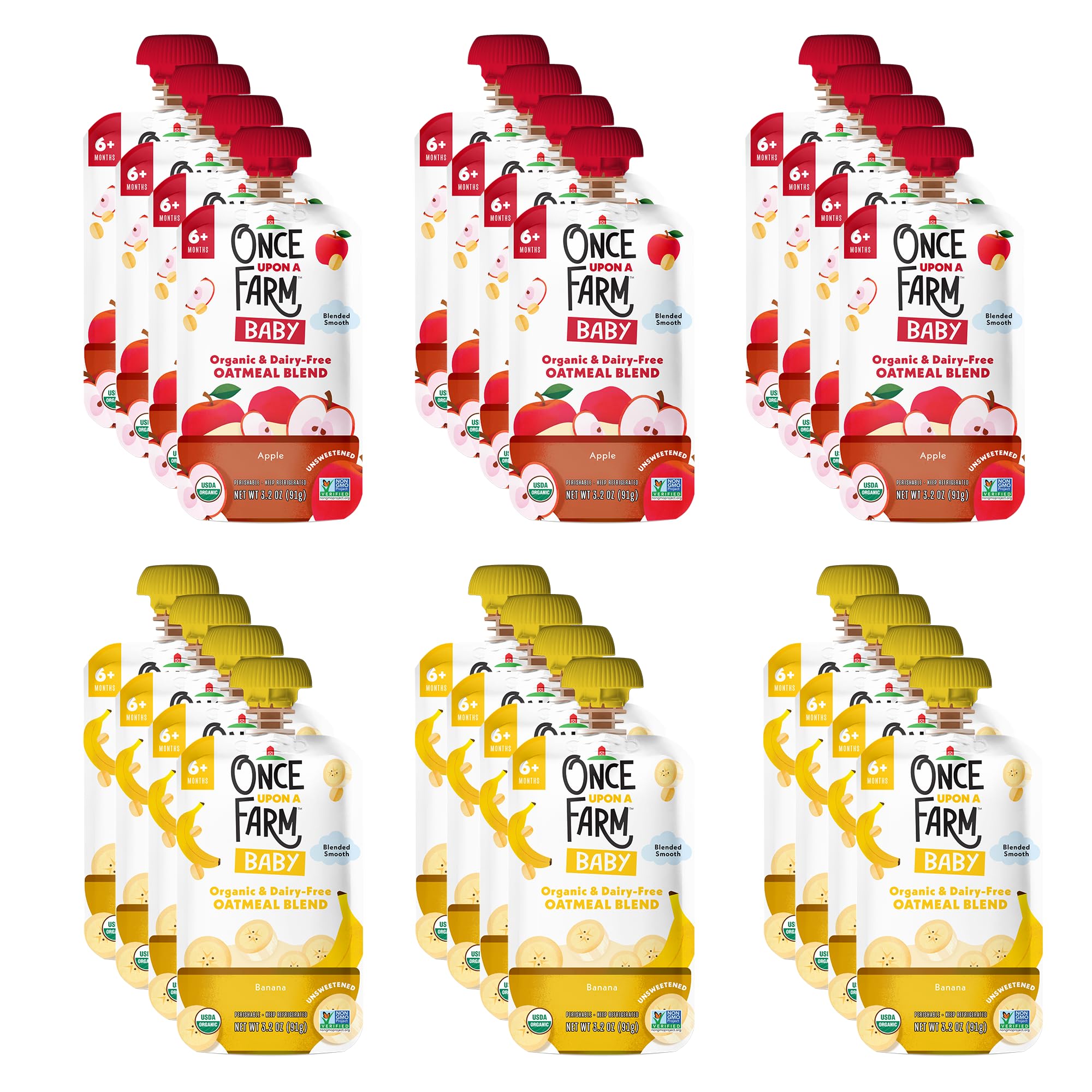 Once Upon a Farm | Baby Oatmeal | Apple Baby Oatmeal Blend, Banana Baby Oatmeal Blend | Unsweetened | Variety Pack of 24