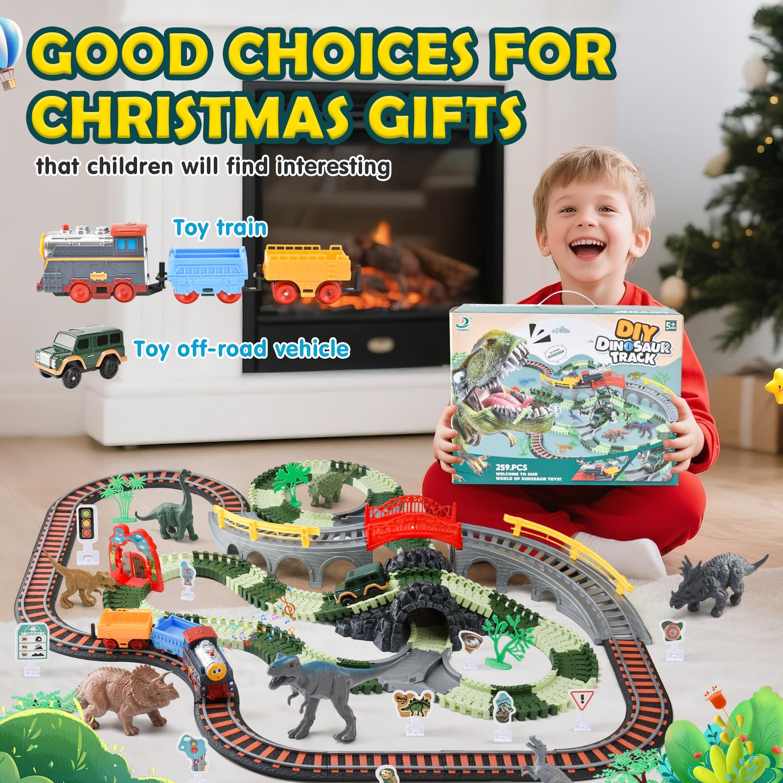 Circuit Train Electrique,259 PCS Jeu de Jouets de Véhicules avec Pont,Dinosaure Jouet Piste de Course, Pistes Flexibles,Jouets Train de Dinosaures Cadeau Garçons et Filles 3 4 5 6 7 8 9 10 Ans