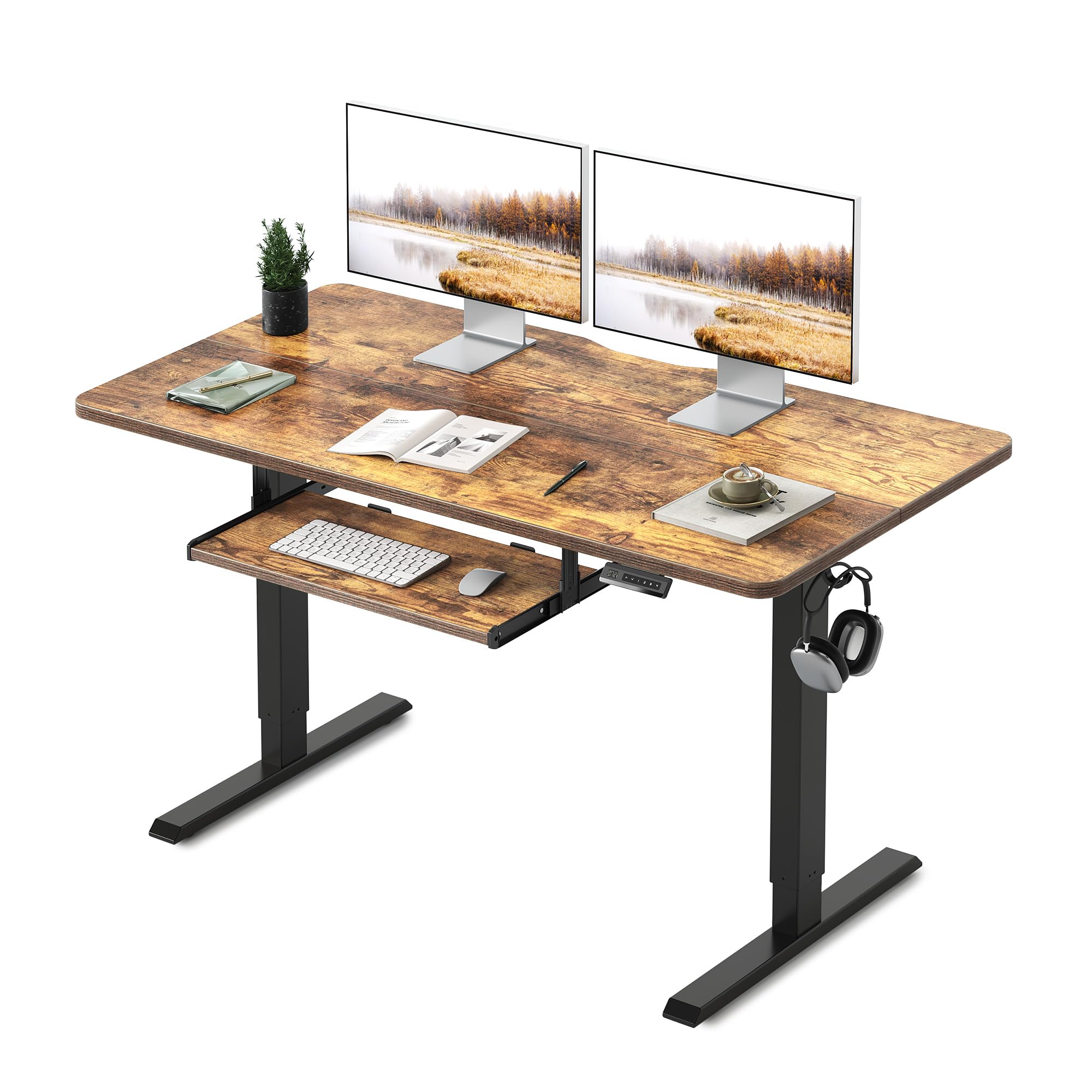 FEZIBO Height Adjustable Electric Standing Desk with Keyboard Tray, 140 x 60 cm Sit Stand up Desk with Splice Board, Black Frame/Rustic Brown Top
