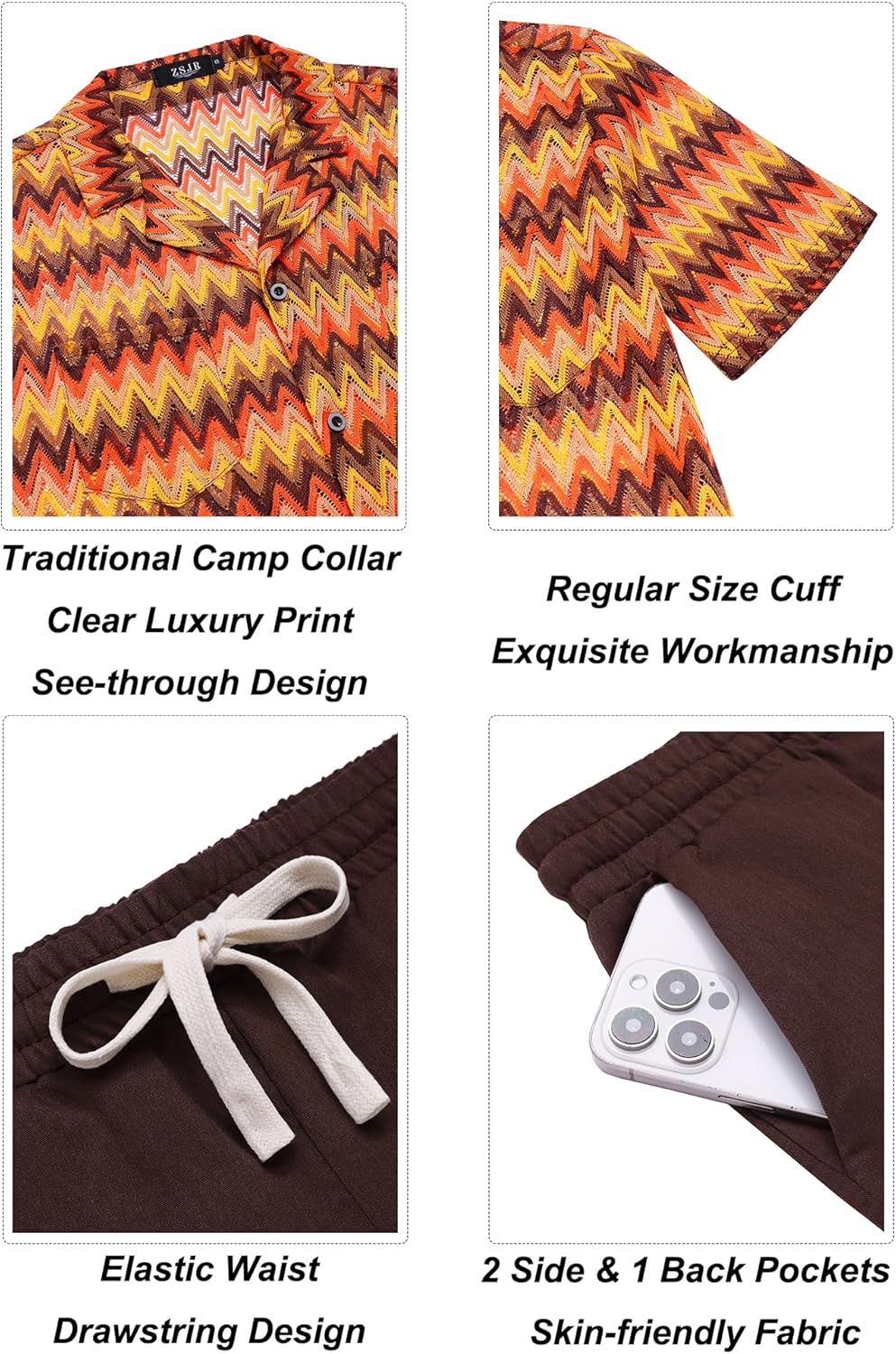 Mens 2 Pieces Outfits Summer Beach Set Tracksuit See Through Sheer Hollow Out Short Sleeve Lace Shirts and Shorts Sets - Image 6