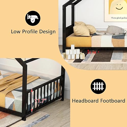 Miniatura 5 de Camas de casa para niños, tamaño individual, marco de cama Montessori de metal con cabecero y estribo para niños, niñas, adolescentes, color negro