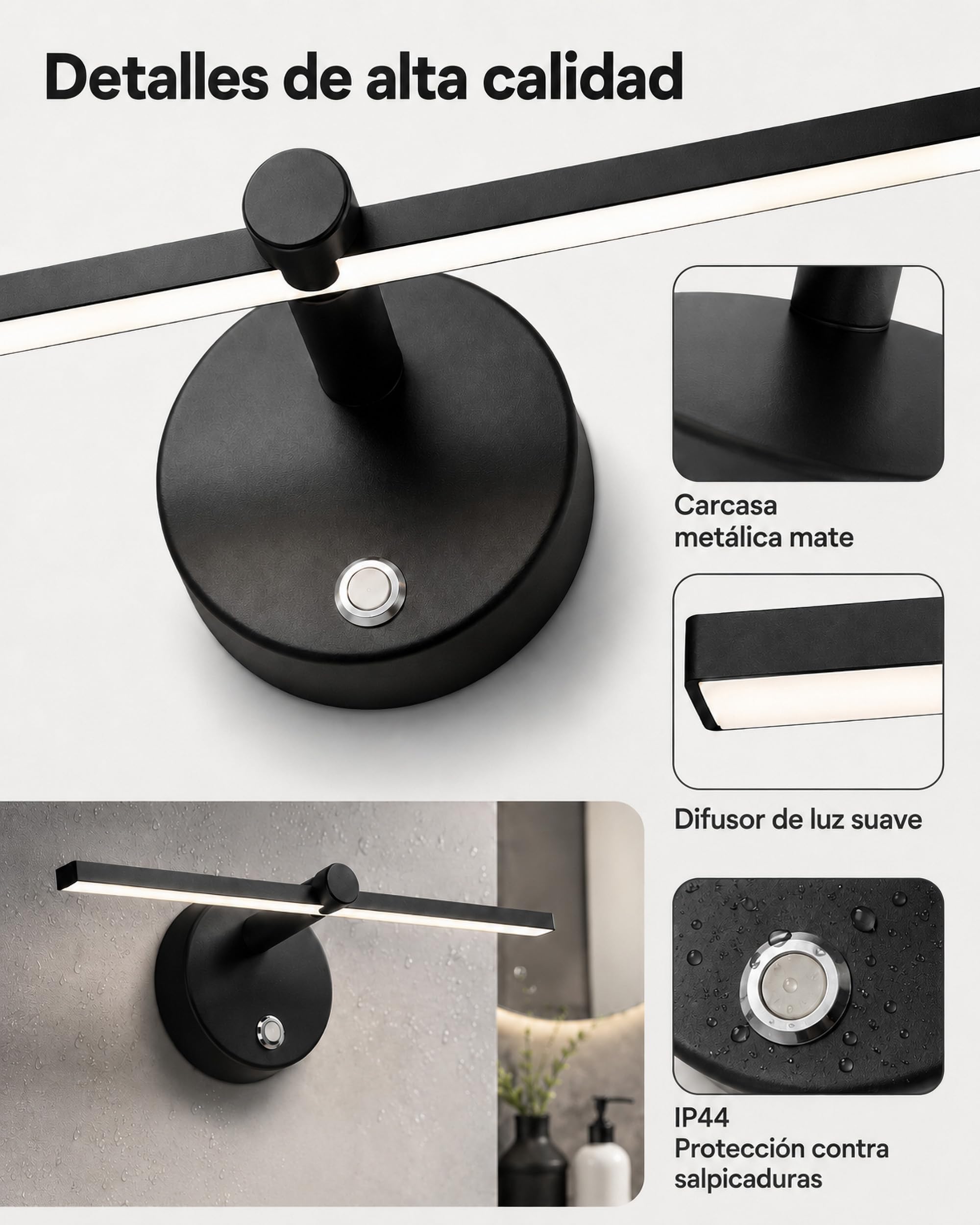 LANMOU 41cm Lámparas de Espejo de Baño LED con Interruptor, LED Regulable Aplique de Pared Interior Luces de Pared Giratorios de 300° Aplique Espejo Baño para Tocador Inodoro Armario, 4000K, Negro