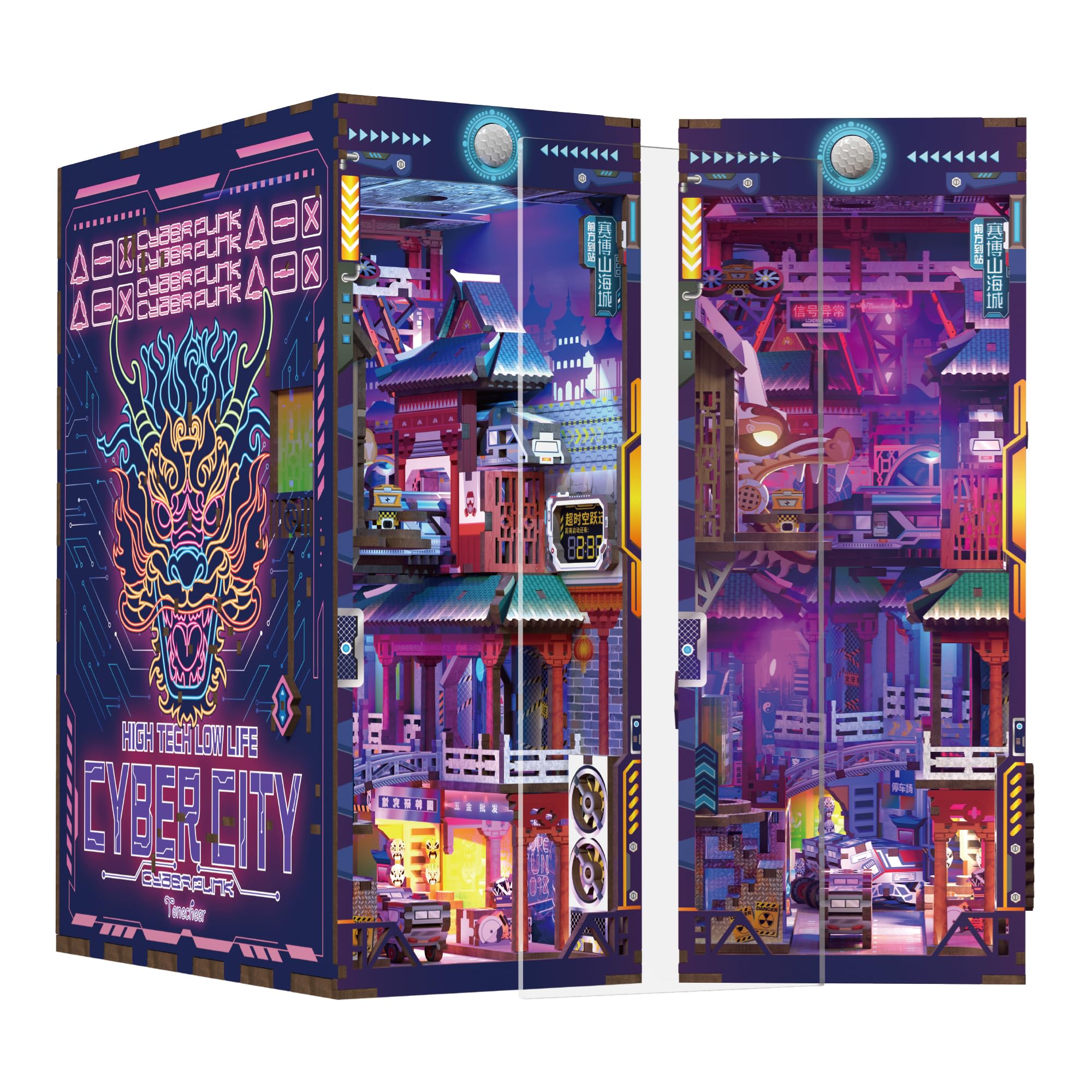 Tonecheer Book Nook Kit 3D Holzpuzzle Booknooks DIY Modellbausätze Erwachsene zum Baue Miniatur Haus Bücherregal Nook Book mit Licht lustiges Geschenke Geburtstagsgeschenk(Cyberstadt)