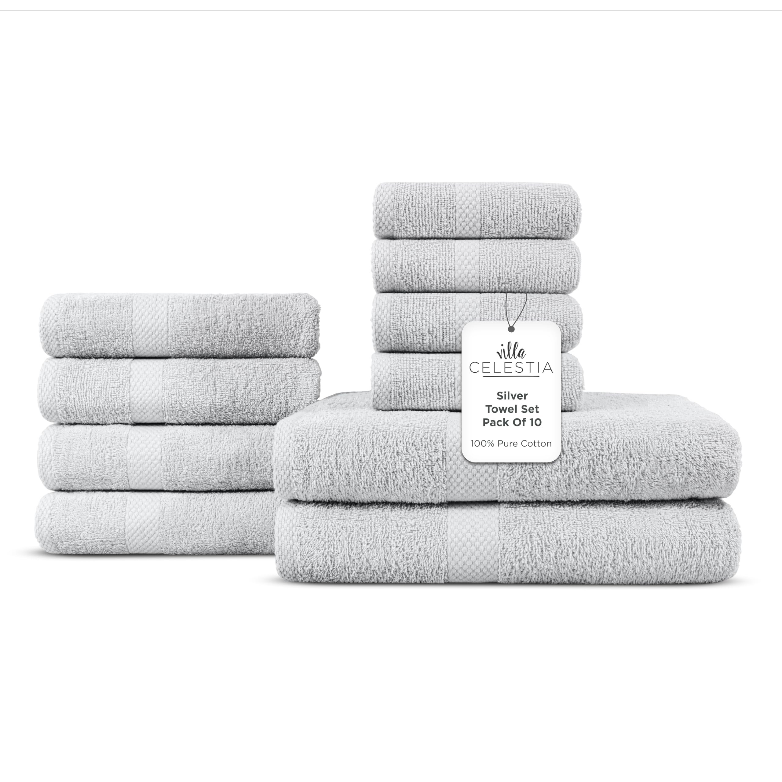 Villa Celestia 10-Piece 100% Cotton Towel Set, 2 Bath Towels, 4 Hand Towels, 4 Wash Cloth, Quick-Dry, Silver