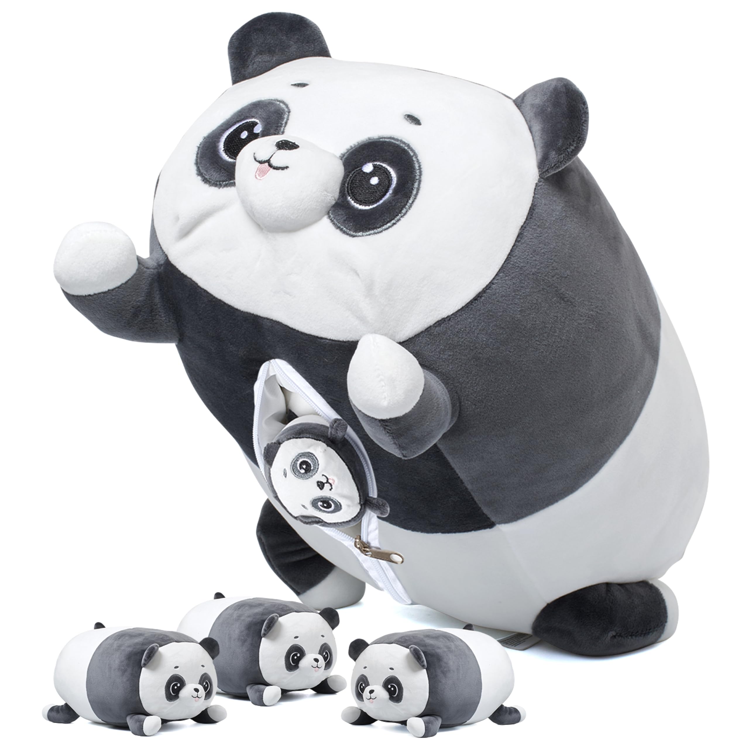PixieCrush Panda with Puppies Plush Toy Set - Super Soft Plush Material - Includes Mommy Panda with 4 Removable Puppies - Black White - Perfect Toy for Girls