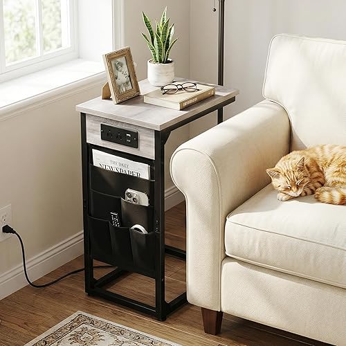 Miniatura 2 de AMHANCIBLE Mesa auxiliar en forma de C con estación de carga, juego de 2 bandejas de TV, mesas de sofá con bolsa de almacenamiento, mesa auxiliar
