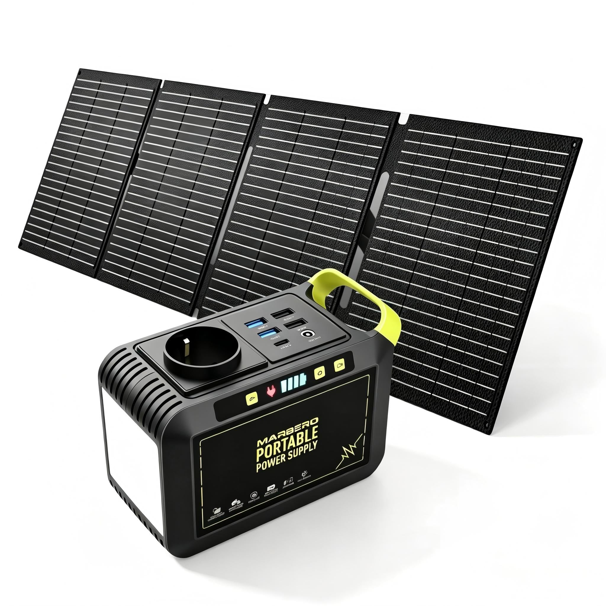MARBERO 24.000mAh Gruppo Elettrogeno Portatile & Pannello Solare Pieghevole 100W, Generatore Solare con Spina 120W (Picco), USB QC3.0 e DC, Ricarica Rapida, per Emergenza Casa Campeggio Viaggi Outdoor