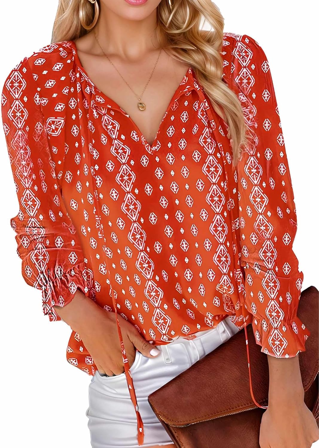 Womens Boho Floral Printed Blouse Dressy Tops Drawstring Casual V Neck Lantern Long Sleeve Shirts