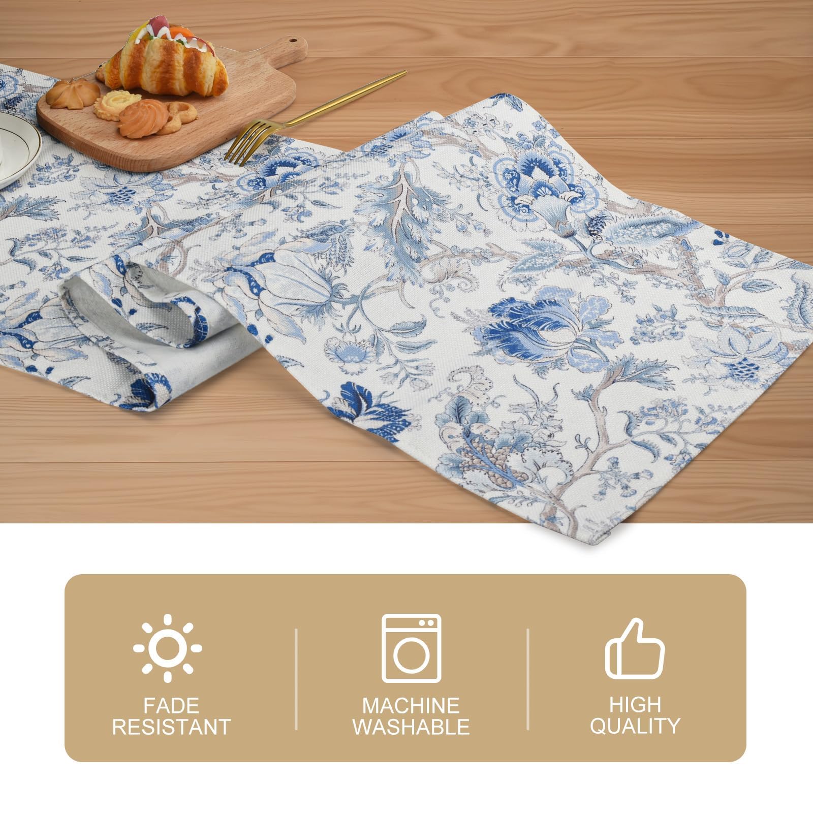 Snylcce Chinoiserie Blue & White Bird Floral Table Runner - Image 2