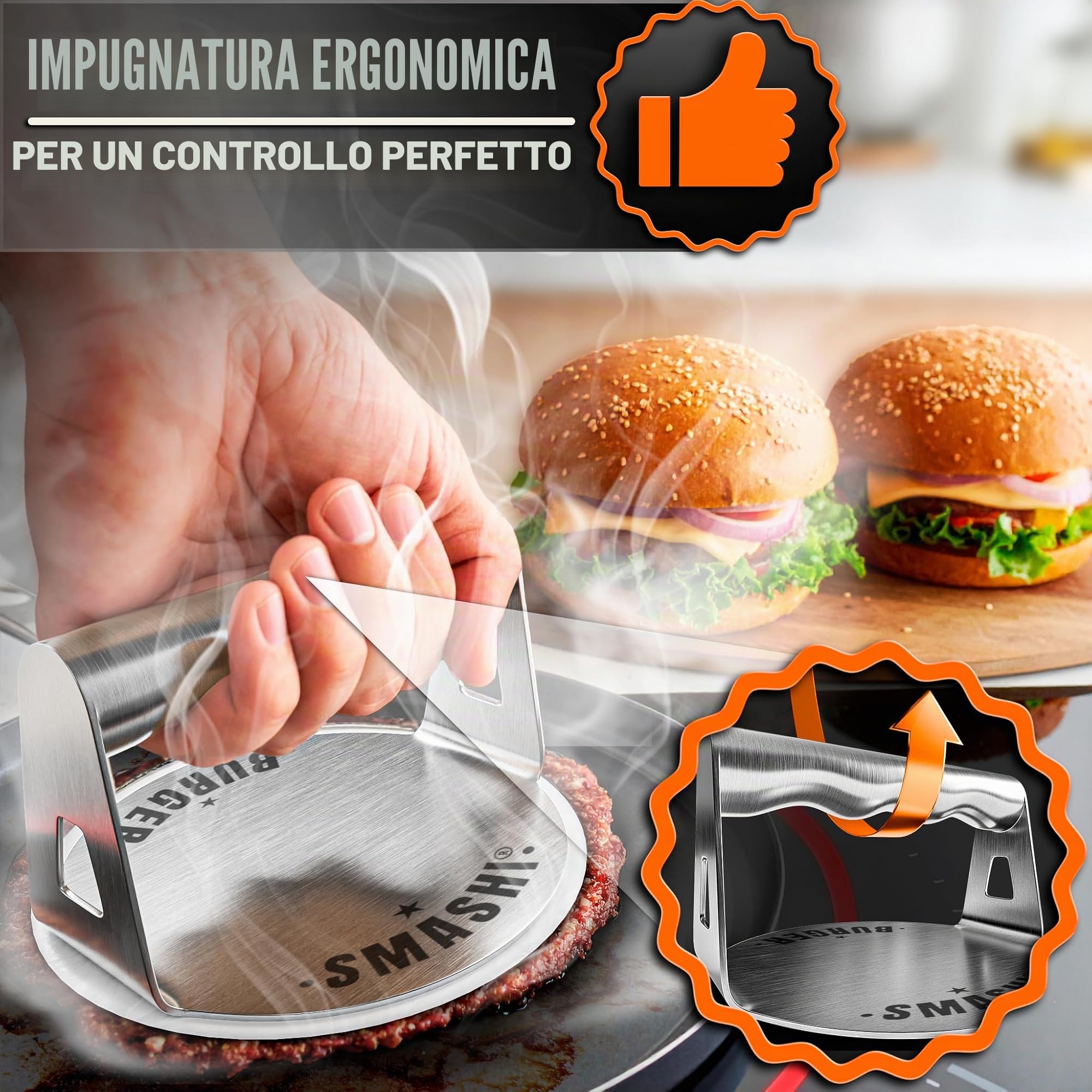SMASHI® Kit Smash Burger Professionale con Manico Apribottiglie | Acciaio Inox 304 Certificato UE | Pressa Hamburger Antiaderente | Kit Smash Burger Completo (Professionell)