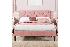 VECELO Full-Size Upholstered Bed Frame with Diamond-Tufted Adjustable Headboard in Cherry Pink