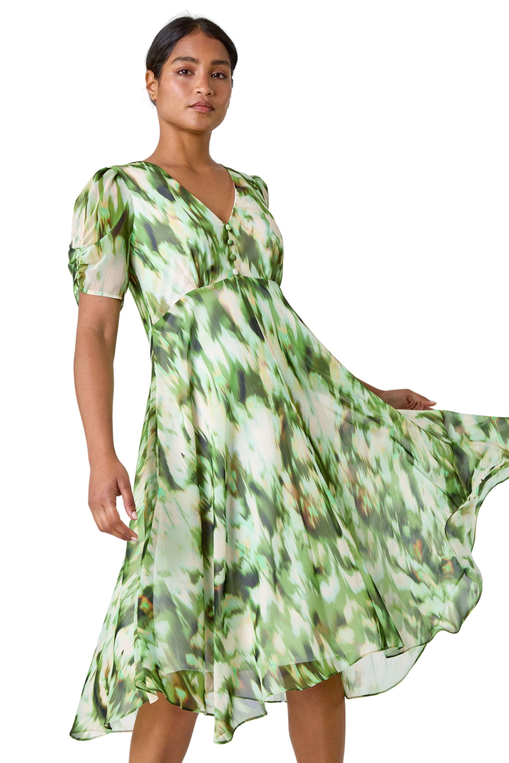 Roman Women's Green Abstract Chiffon Hanky Hem Asymmetric Dress In | : Size 14