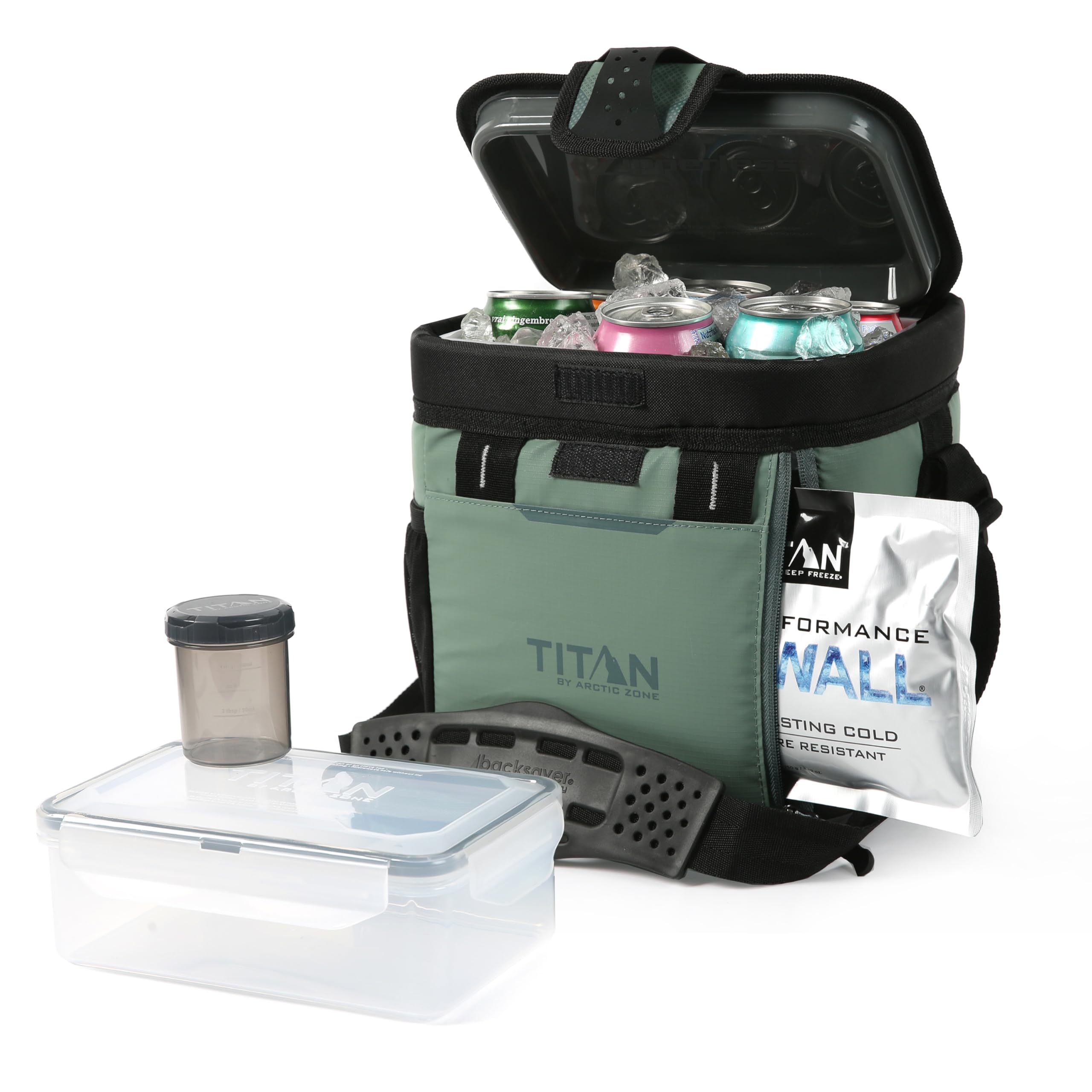 Titan - Caja de almuerzo isotérmica sin cremallera para refrigerador, con bloques refrigerantes reutilizables y juego de recipientes para alimentos, color verde salvia