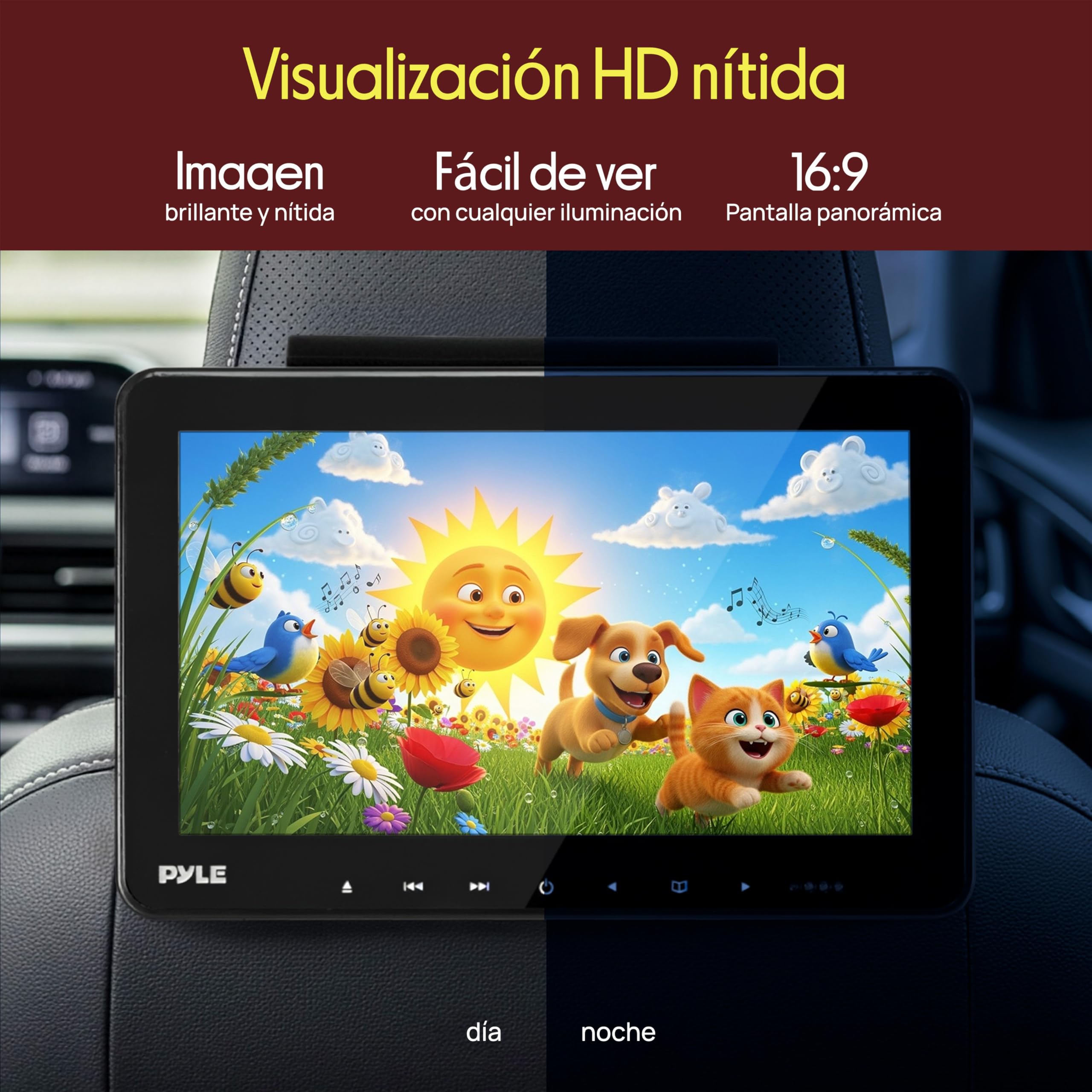 Pyle Monitores Universales para Reposacabezas de Coche 24cm, Reproductores de DVD, Transmisores IR y FM, Auriculares Inalámbricos